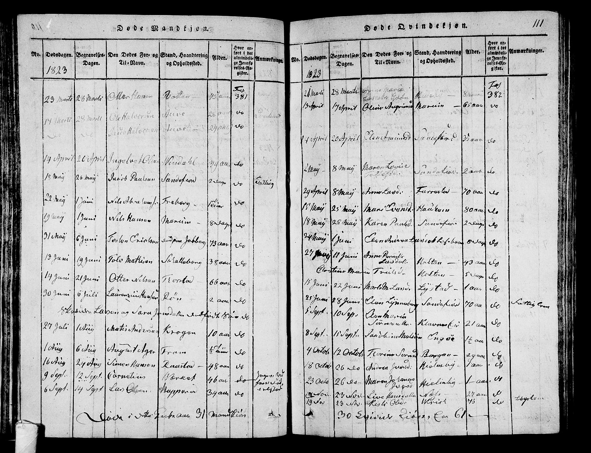 Sandar kirkebøker, SAKO/A-243/G/Ga/L0001: Parish register (copy) no. 1, 1814-1835, p. 111