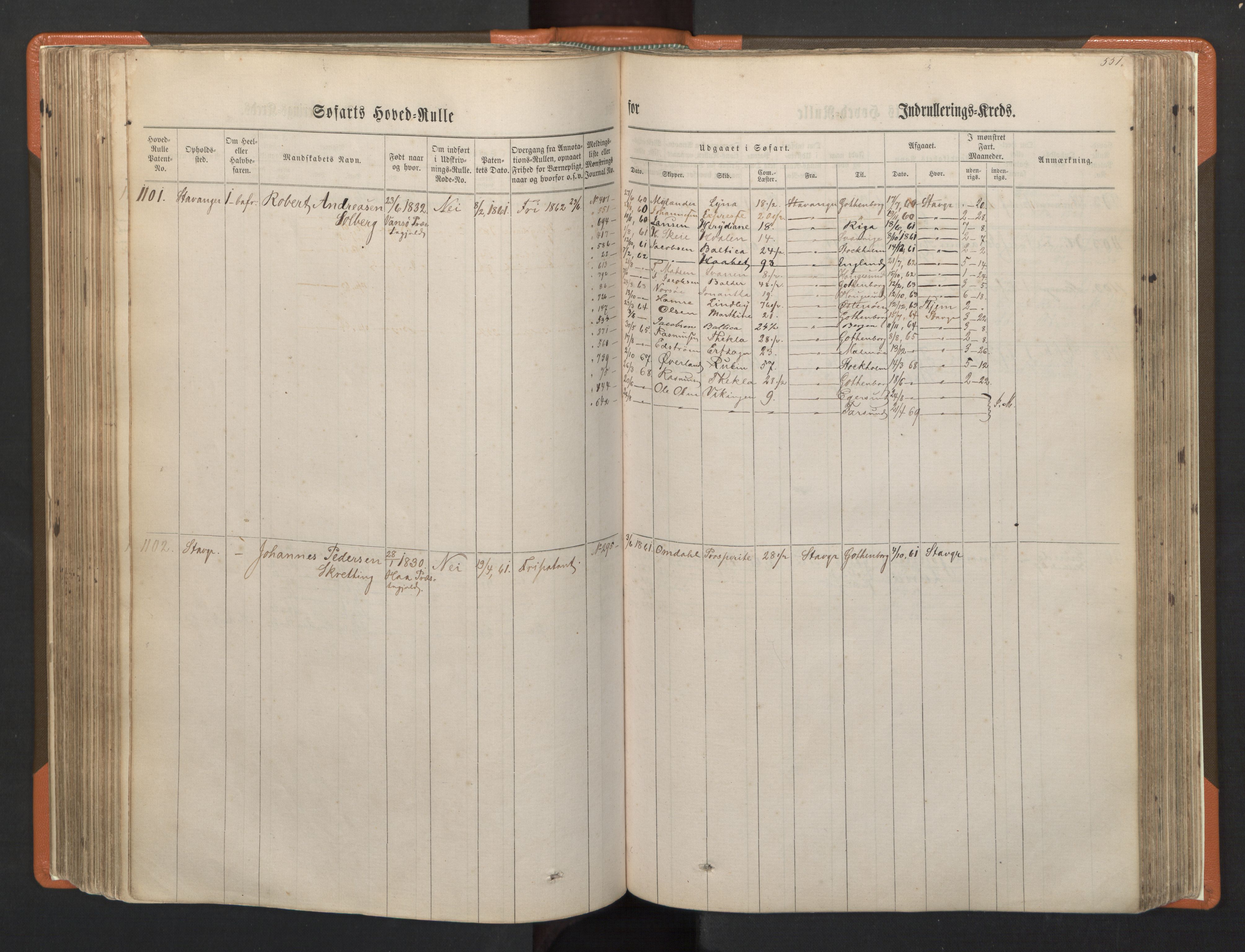 Stavanger sjømannskontor, SAST/A-102006/F/Fb/Fbb/L0002: Sjøfartshovedrulle, patentnr. 721-1450 (del 2), 1863, p. 195