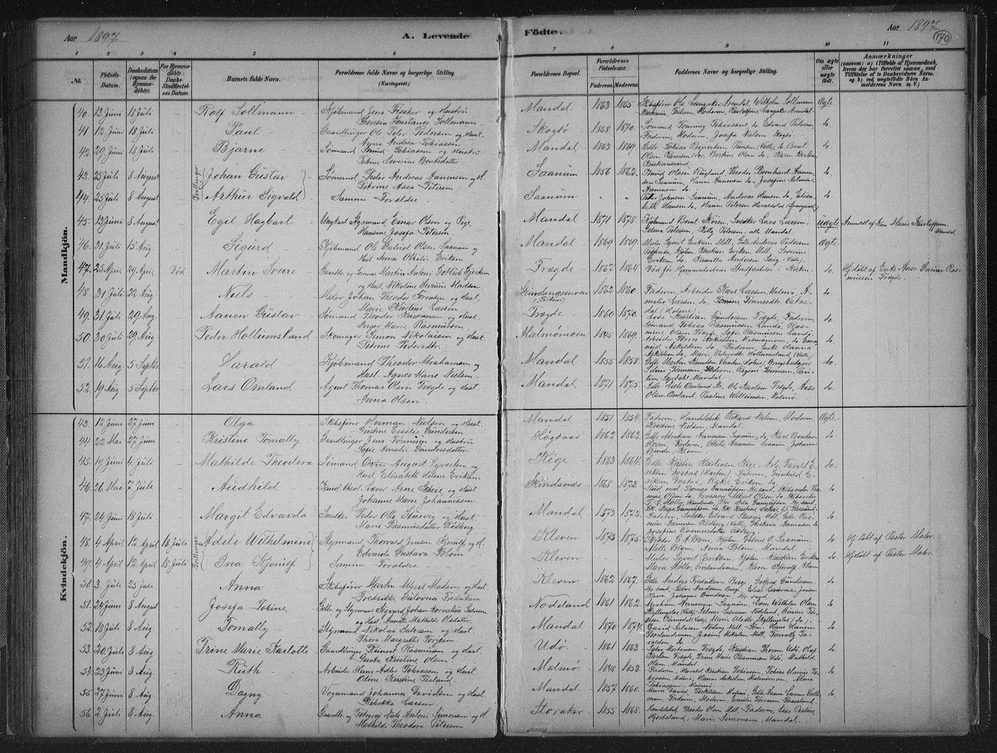 Mandal sokneprestkontor, AV/SAK-1111-0030/F/Fb/Fba/L0011: Parish register (copy) no. B 5, 1880-1898, p. 170