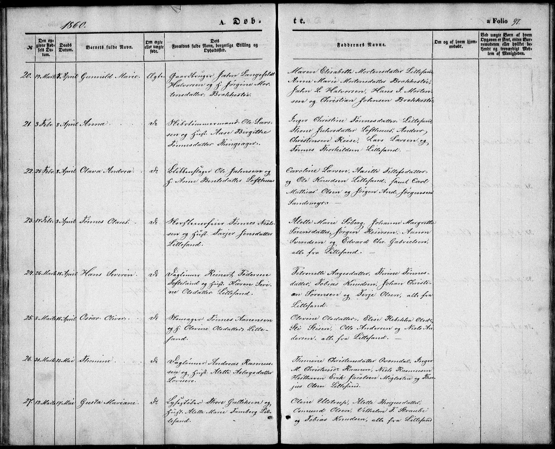 Vestre Moland sokneprestkontor, AV/SAK-1111-0046/F/Fb/Fbb/L0003: Parish register (copy) no. B 3, 1851-1861, p. 97