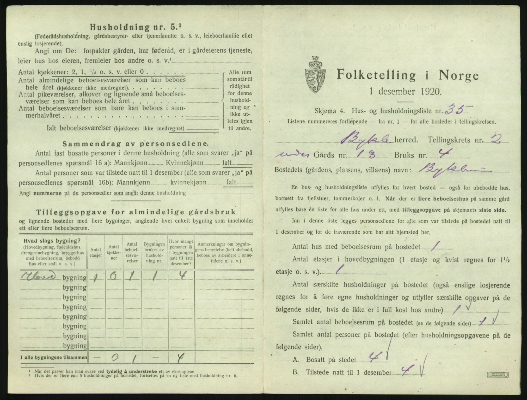 SAK, 1920 census for Bykle, 1920, p. 141