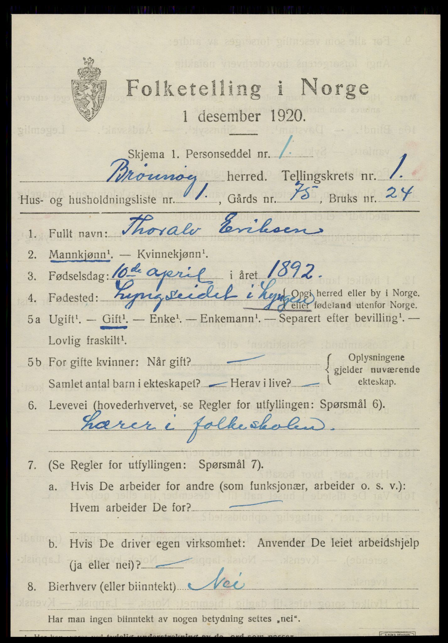 SAT, 1920 census for Brønnøy, 1920, p. 1222