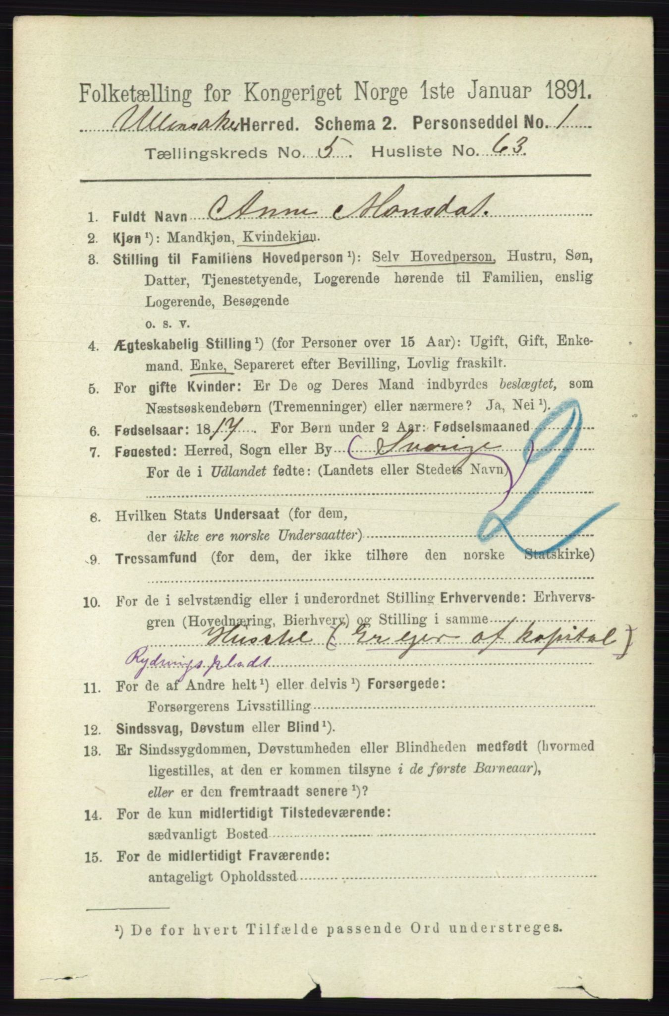 RA, 1891 census for 0235 Ullensaker, 1891, p. 2423