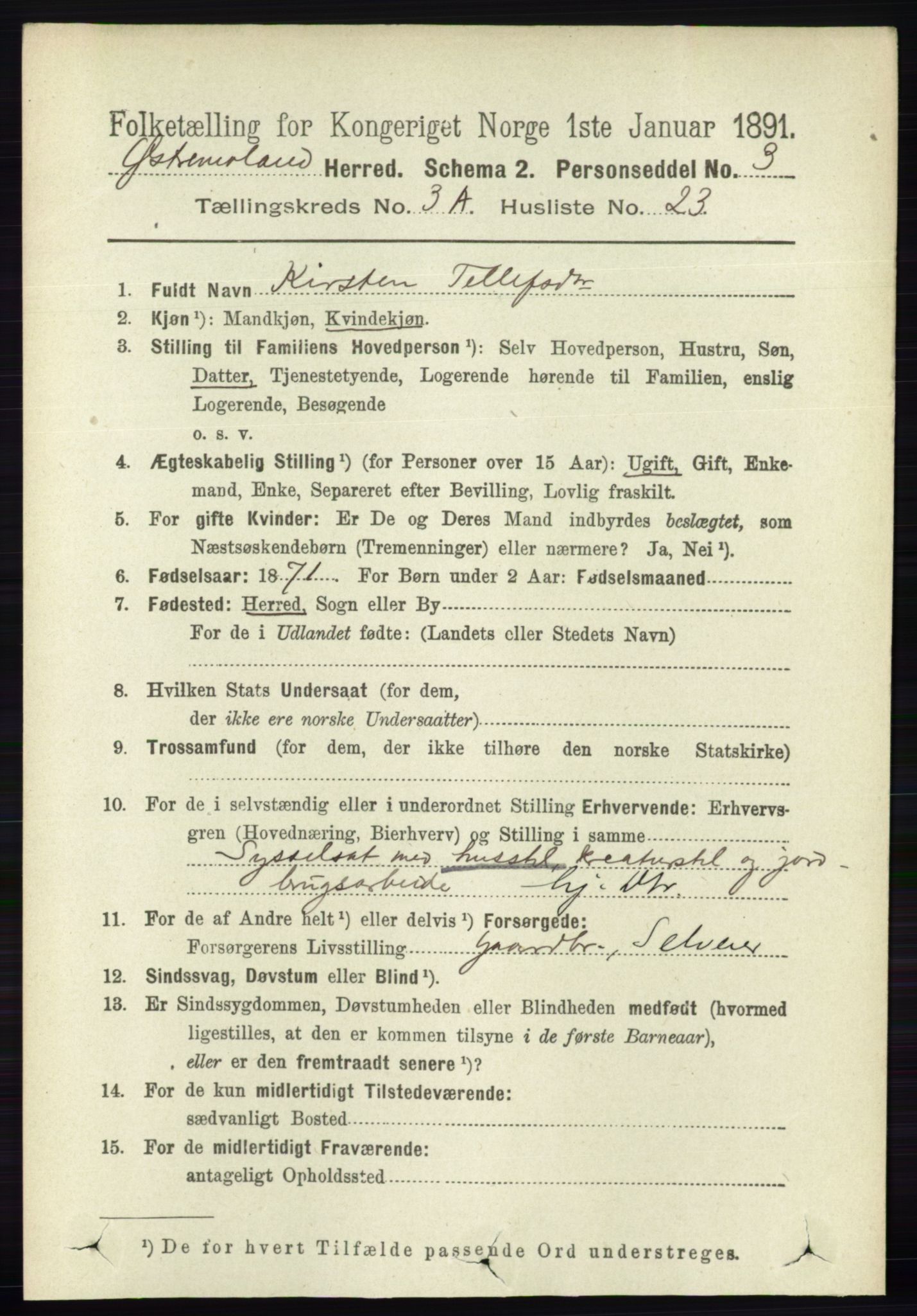 RA, 1891 census for 0918 Austre Moland, 1891, p. 1496