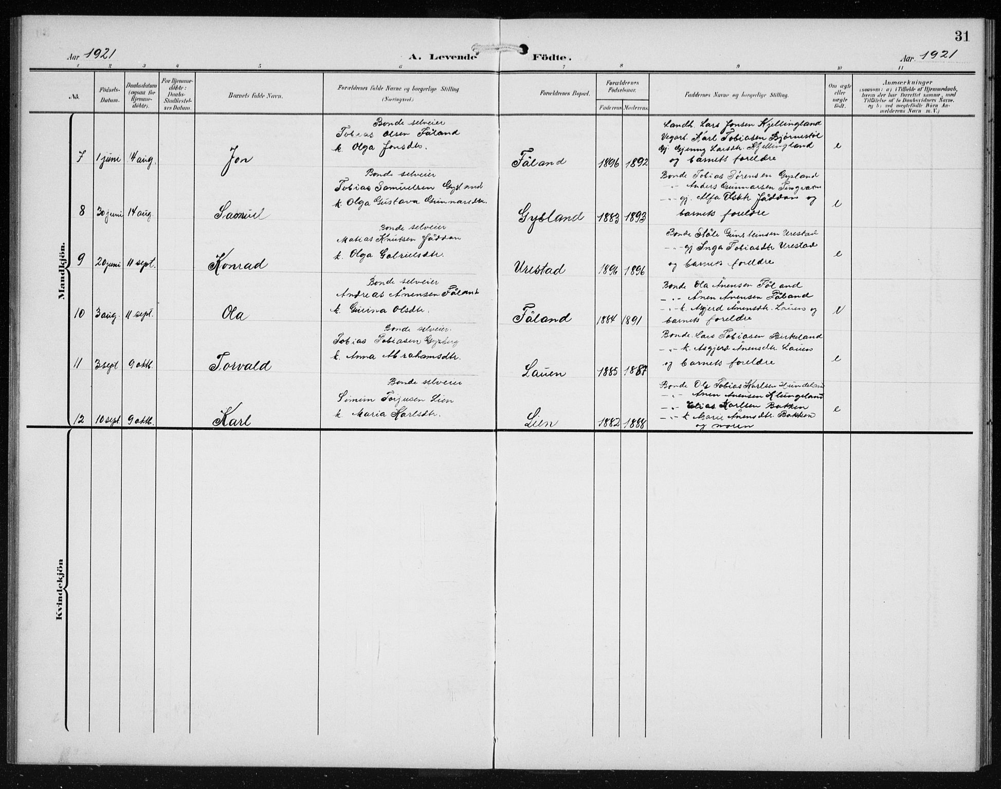 Hægebostad sokneprestkontor, AV/SAK-1111-0024/F/Fb/Fba/L0005: Parish register (copy) no. B 5, 1907-1931, p. 31