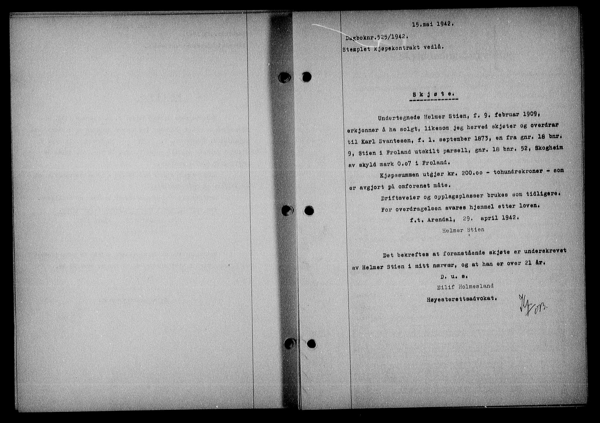Nedenes sorenskriveri, SAK/1221-0006/G/Gb/Gba/L0049: Mortgage book no. A-III, 1941-1942, Diary no: : 525/1942