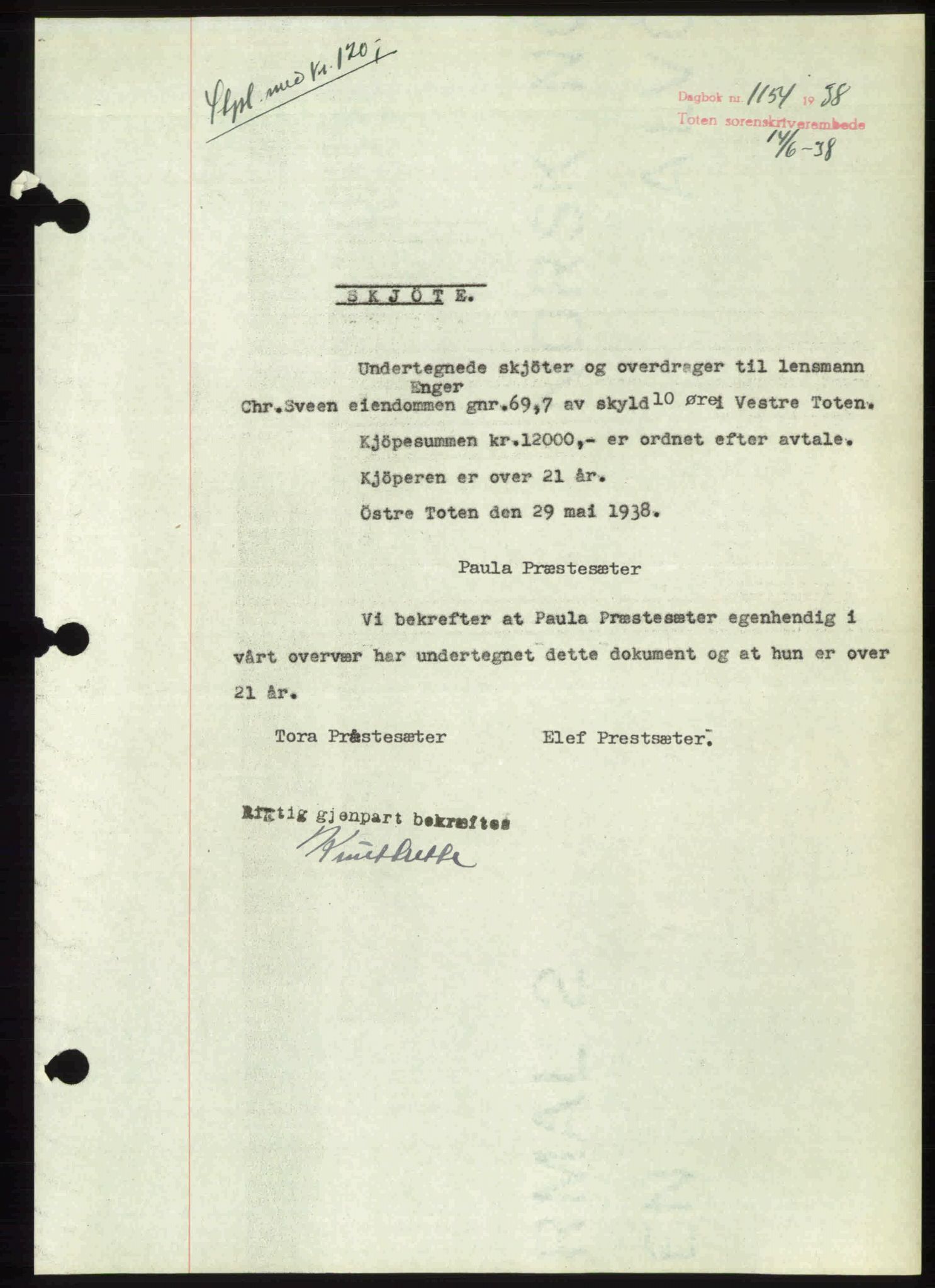 Toten tingrett, SAH/TING-006/H/Hb/Hbc/L0004: Mortgage book no. Hbc-04, 1938-1938, Diary no: : 1154/1938
