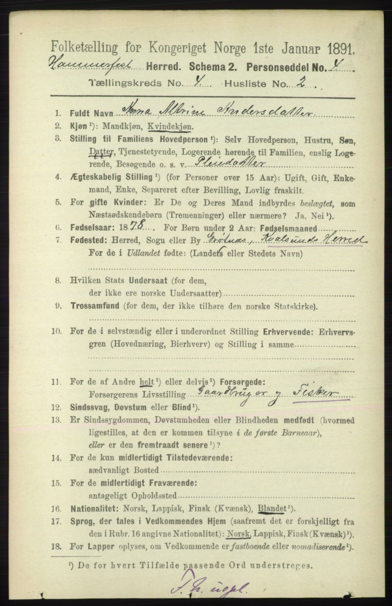 RA, 1891 census for 2016 Hammerfest, 1891, p. 1112