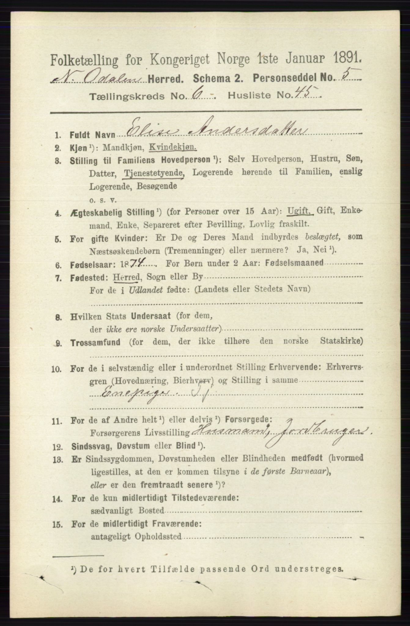 RA, 1891 census for 0418 Nord-Odal, 1891, p. 2602