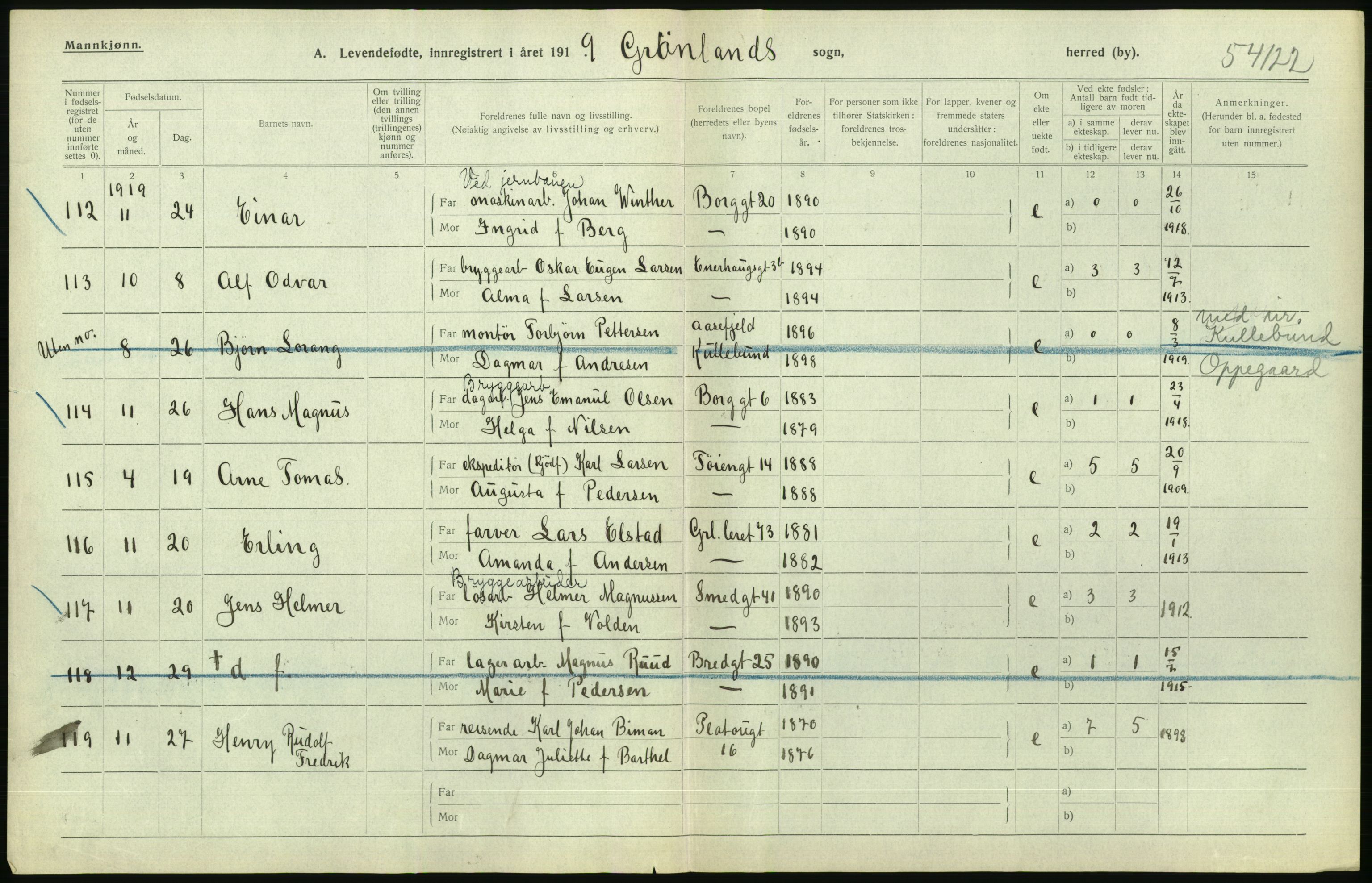 Statistisk sentralbyrå, Sosiodemografiske emner, Befolkning, AV/RA-S-2228/D/Df/Dfb/Dfbi/L0008: Kristiania: Levendefødte menn og kvinner., 1919