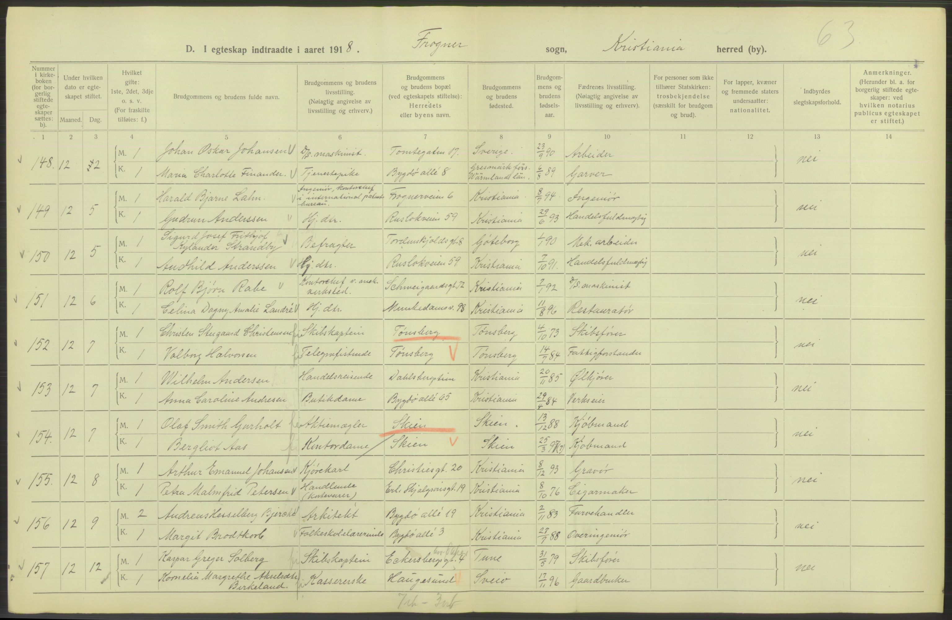 Statistisk sentralbyrå, Sosiodemografiske emner, Befolkning, AV/RA-S-2228/D/Df/Dfb/Dfbh/L0009: Kristiania: Gifte, 1918, p. 164