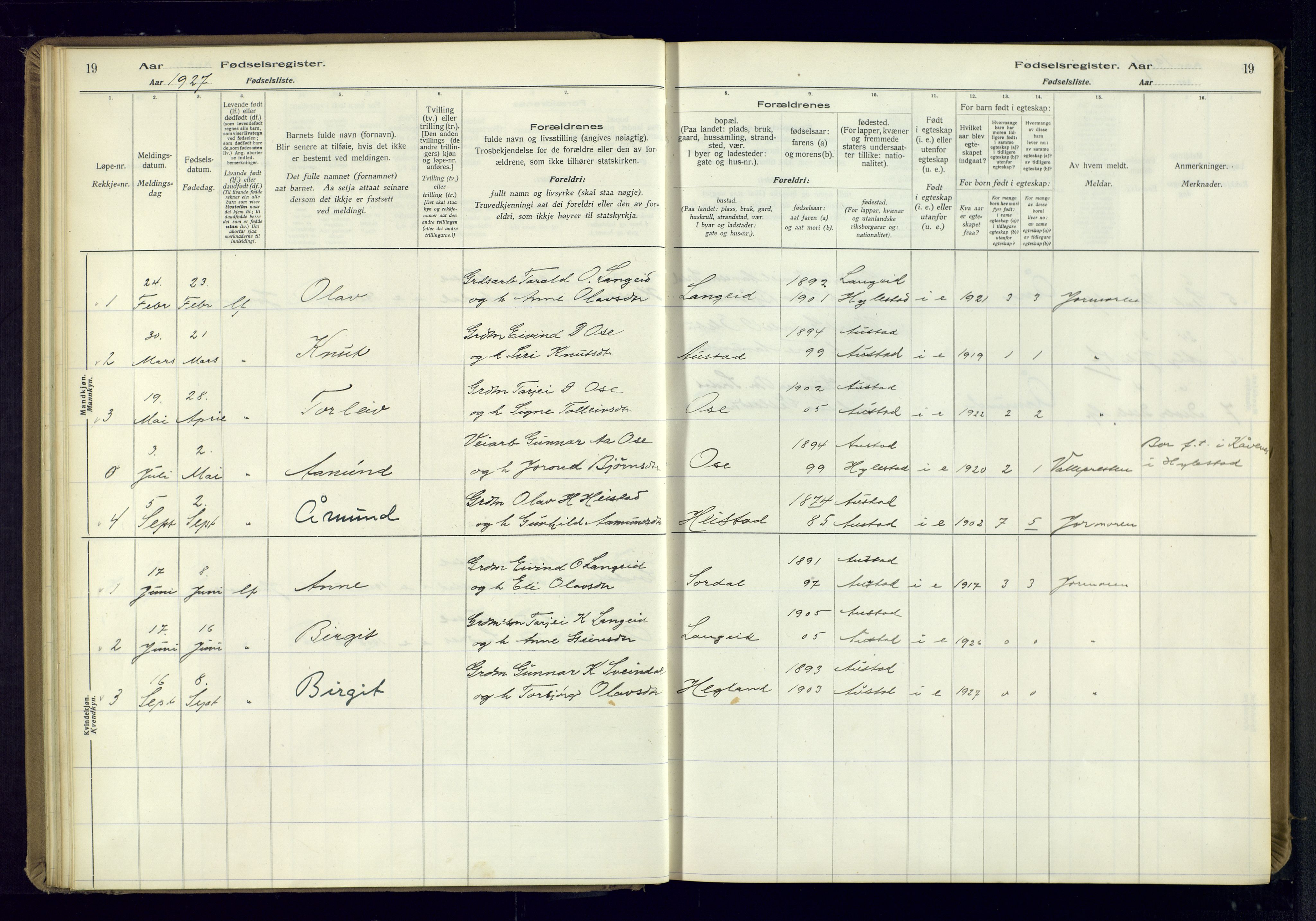 Bygland sokneprestkontor, AV/SAK-1111-0006/J/Ja/L0002: Birth register no. II.4.3, 1916-1982, p. 19