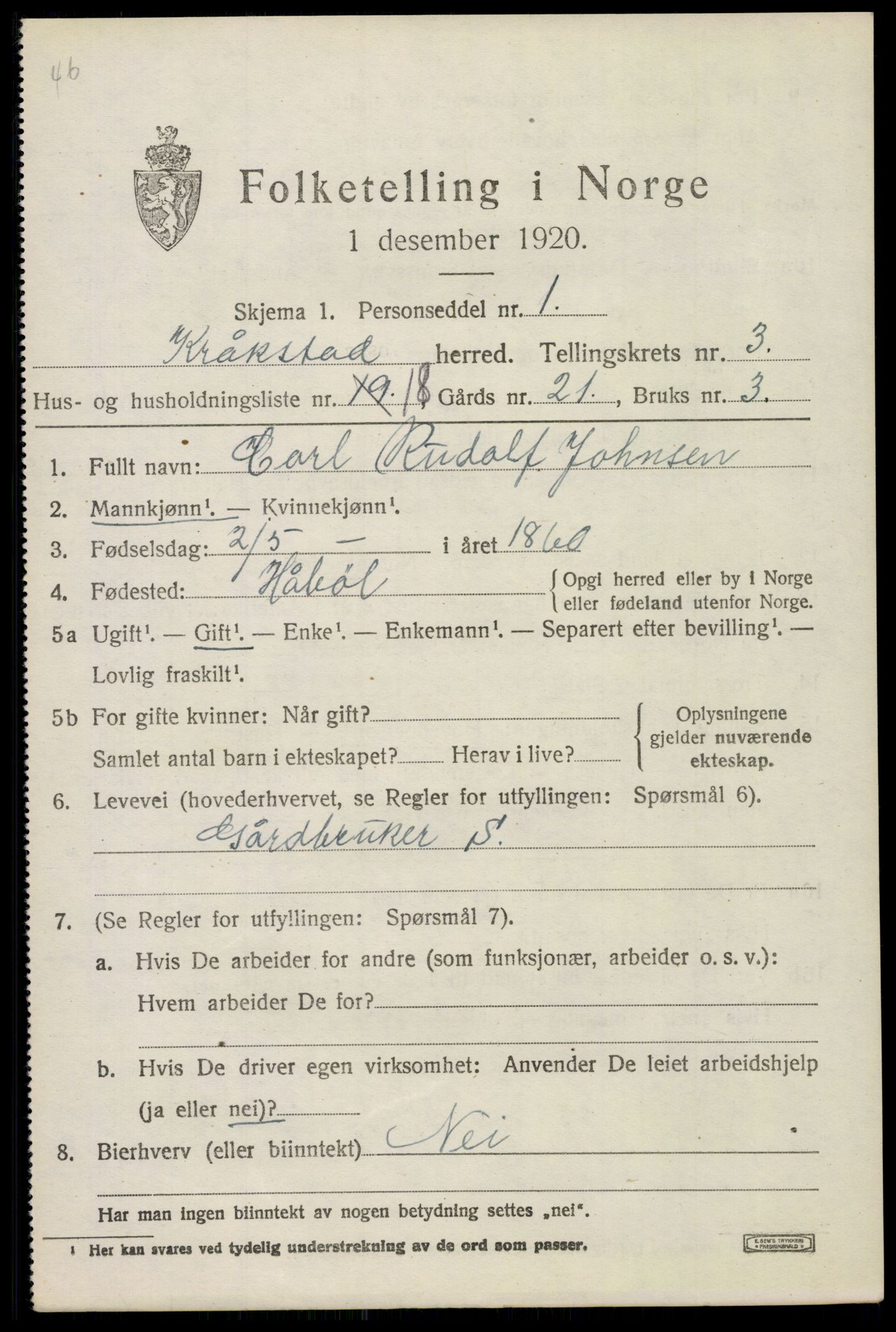 SAO, 1920 census for Kråkstad, 1920, p. 3565