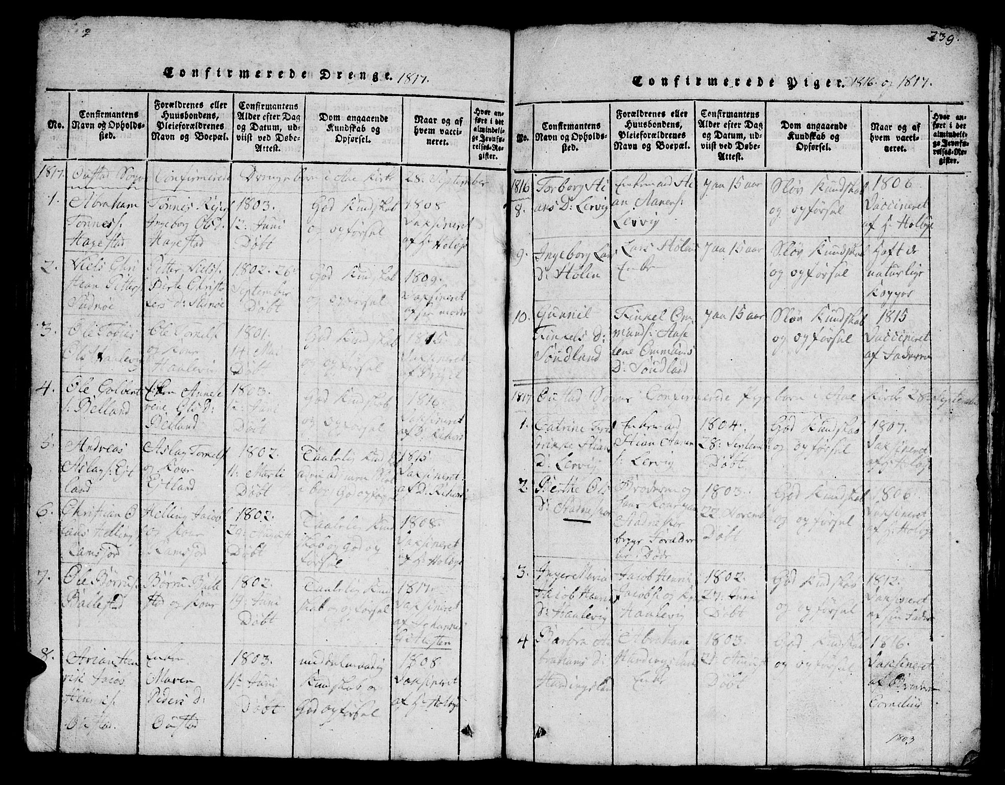 Lyngdal sokneprestkontor, SAK/1111-0029/F/Fb/Fba/L0001: Parish register (copy) no. B 1, 1816-1876, p. 239