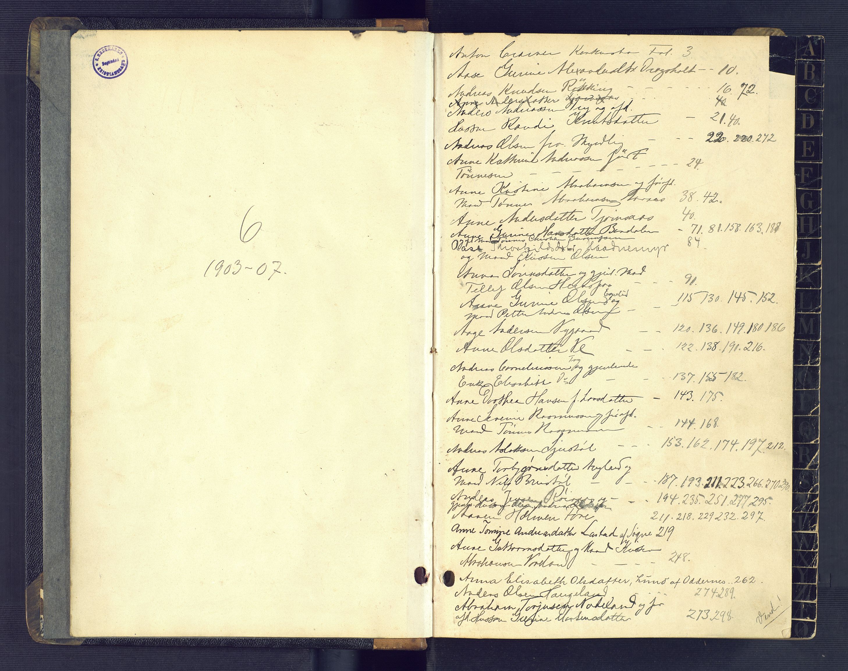 Torridal sorenskriveri, SAK/1221-0012/H/Hc/L0020: Skifteforhandlingsprotokoll med navneregister nr. 6, 1903-1907