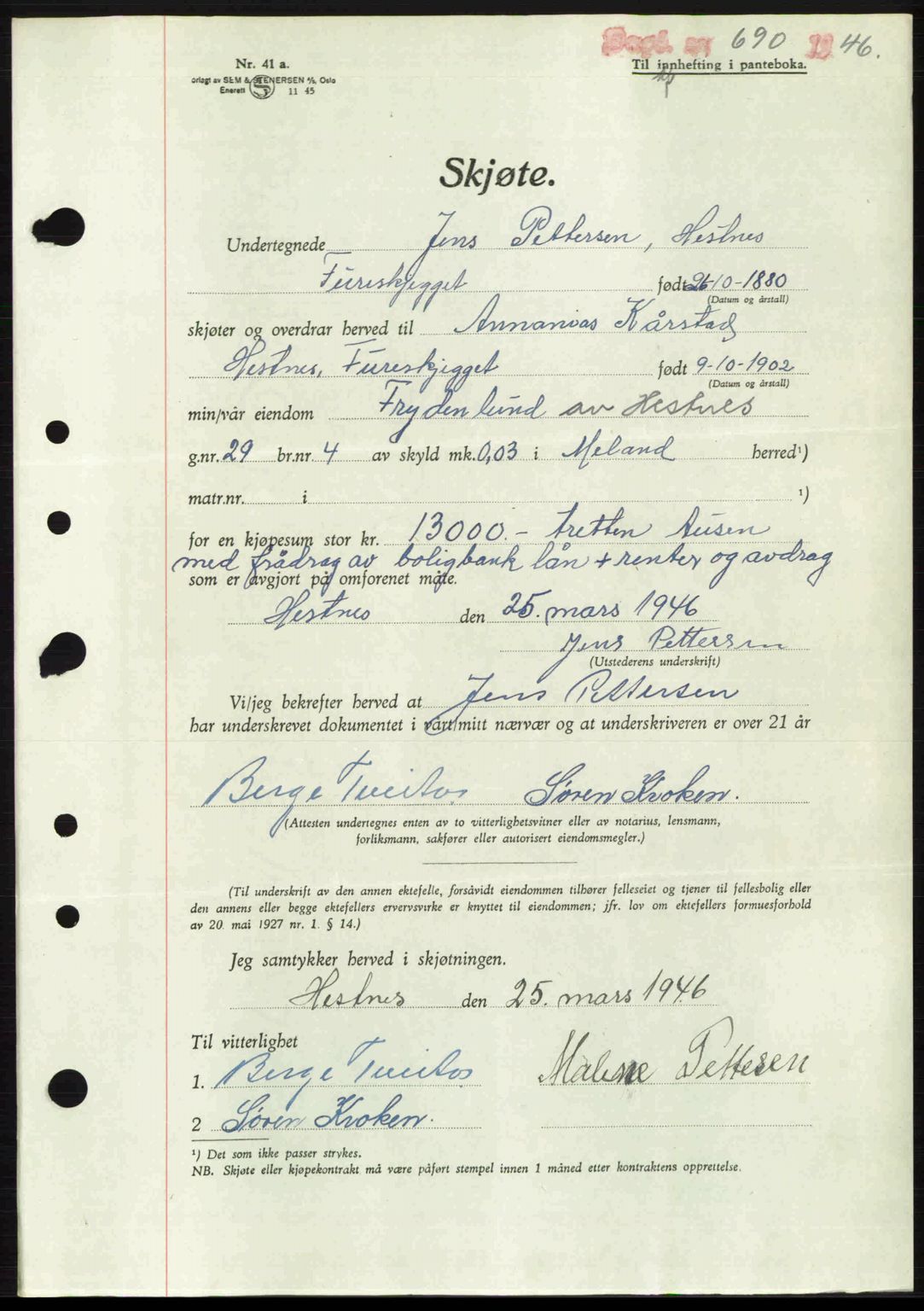 Nordhordland sorenskrivar, AV/SAB-A-2901/1/G/Gb/Gbf/L0026b: Mortgage book no. A26b, 1946-1946, Diary no: : 690/1946