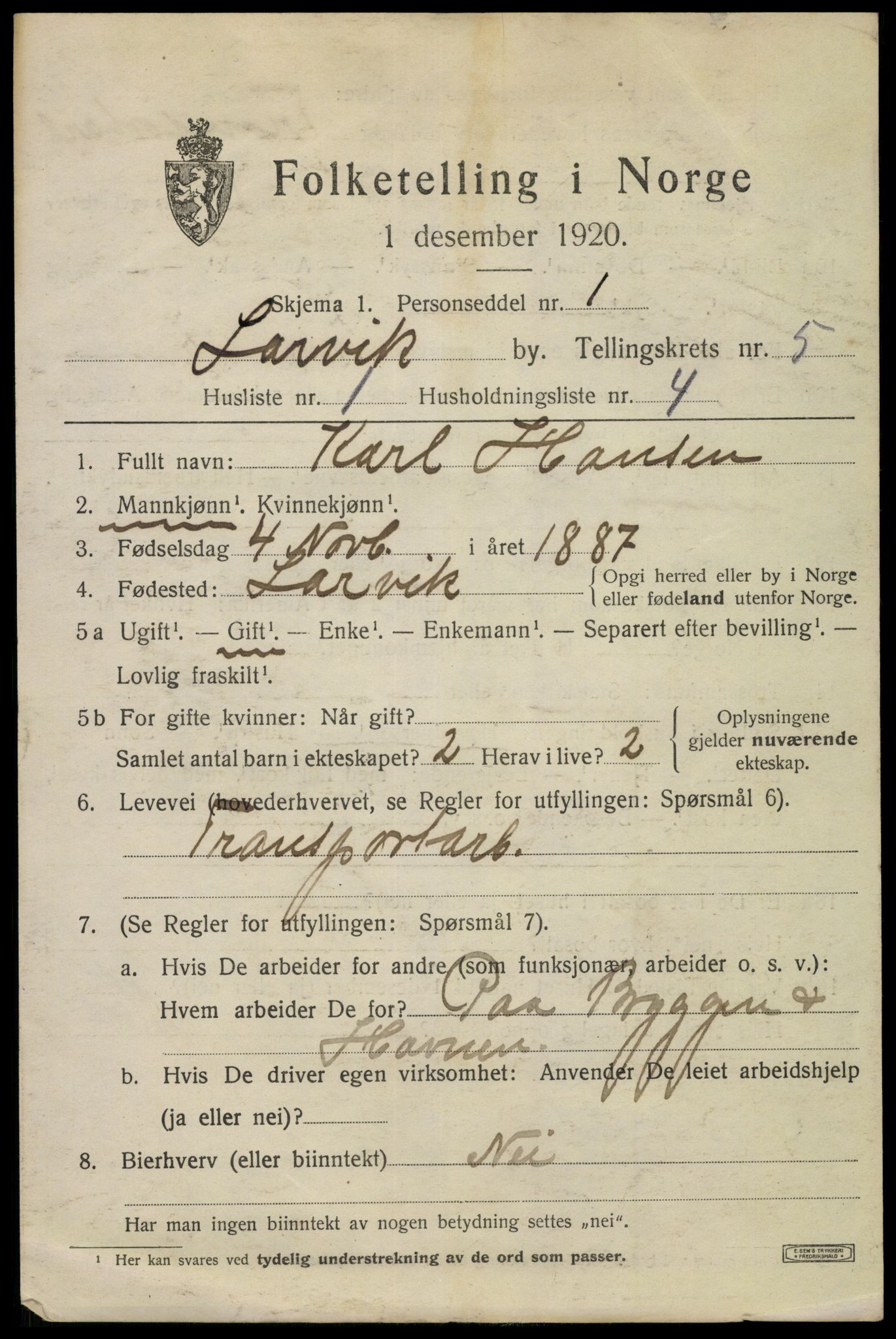 SAKO, 1920 census for Larvik, 1920, p. 16062