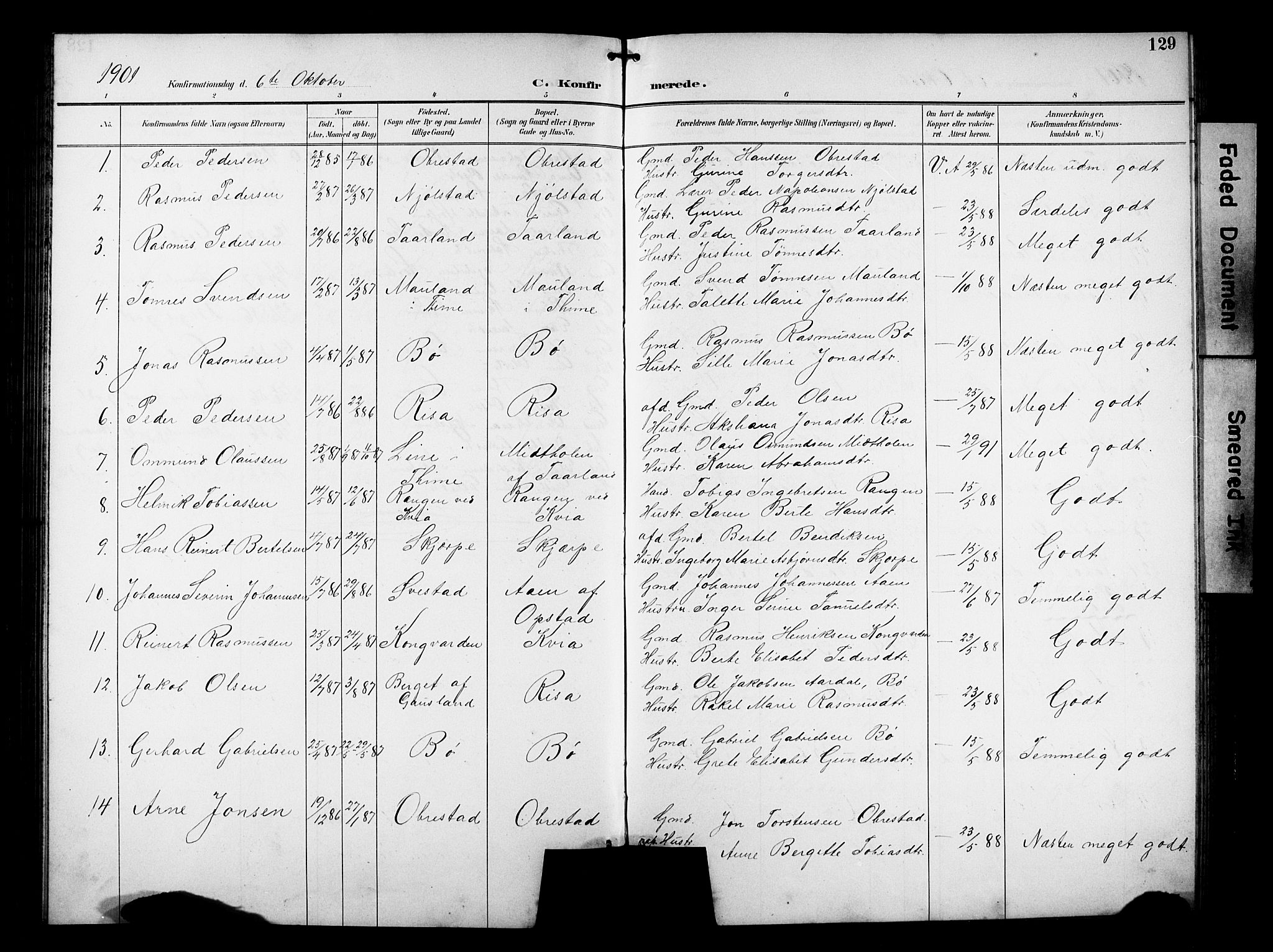 Hå sokneprestkontor, AV/SAST-A-101801/001/30BB/L0005: Parish register (copy) no. B 5, 1894-1912, p. 129