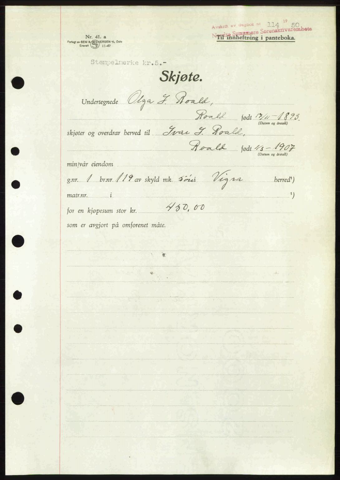 Nordre Sunnmøre sorenskriveri, AV/SAT-A-0006/1/2/2C/2Ca: Mortgage book no. A33, 1949-1950, Diary no: : 114/1950