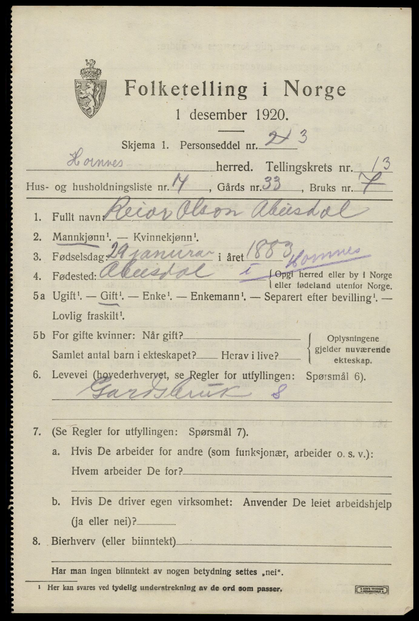 SAK, 1920 census for Hornnes, 1920, p. 3243