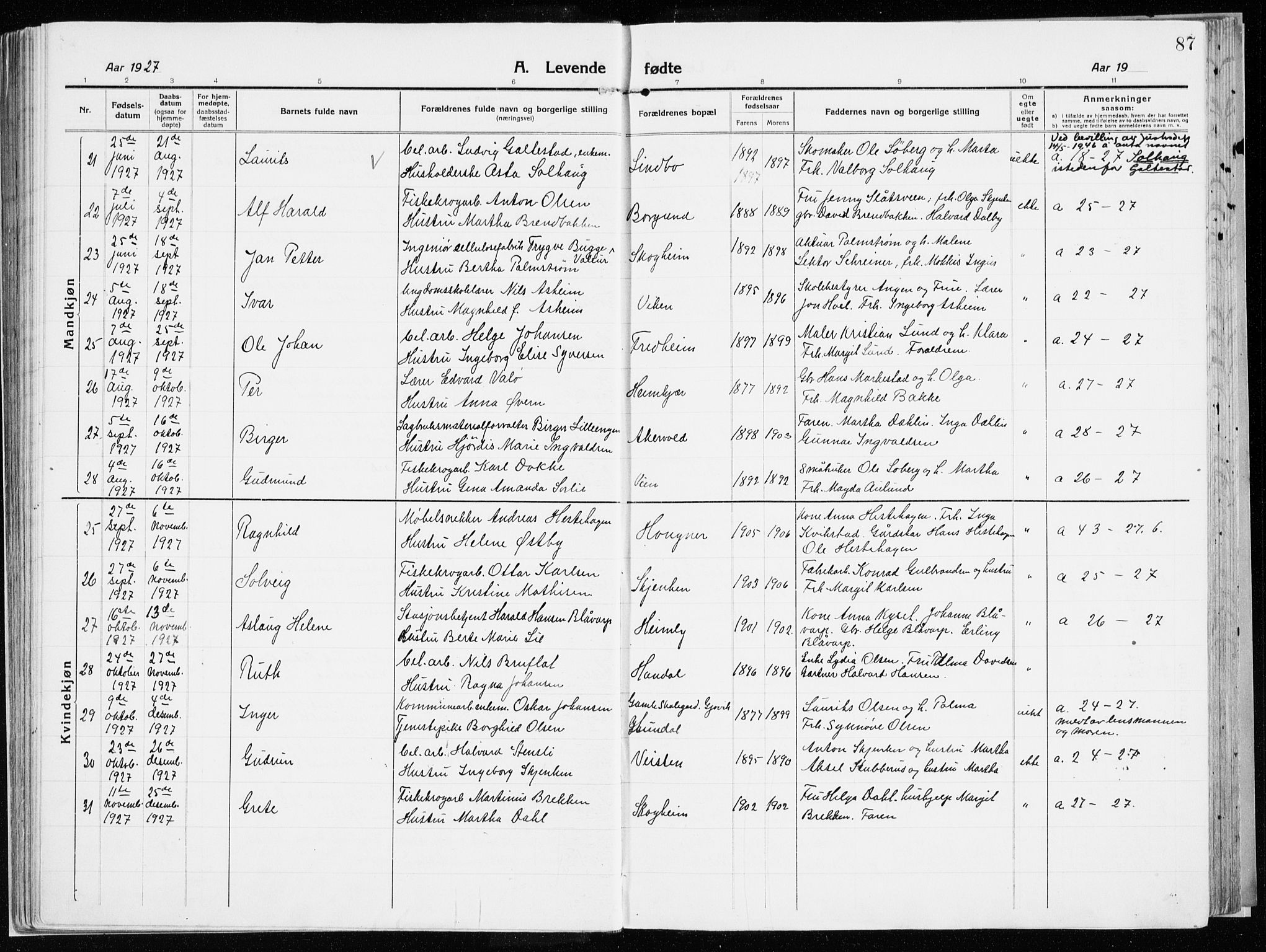 Vardal prestekontor, SAH/PREST-100/H/Ha/Haa/L0017: Parish register (official) no. 17, 1915-1929, p. 87