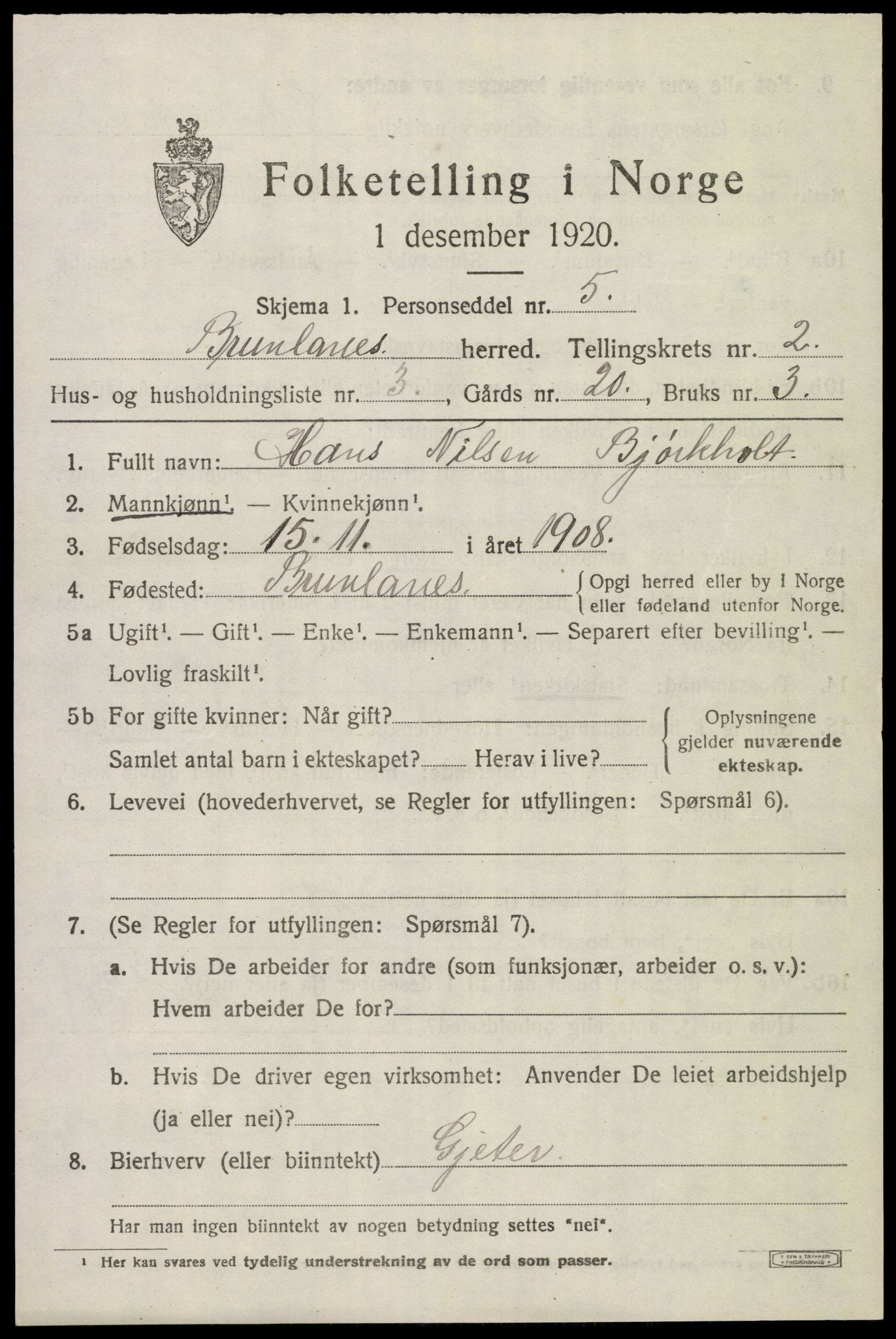 SAKO, 1920 census for Brunlanes, 1920, p. 3347