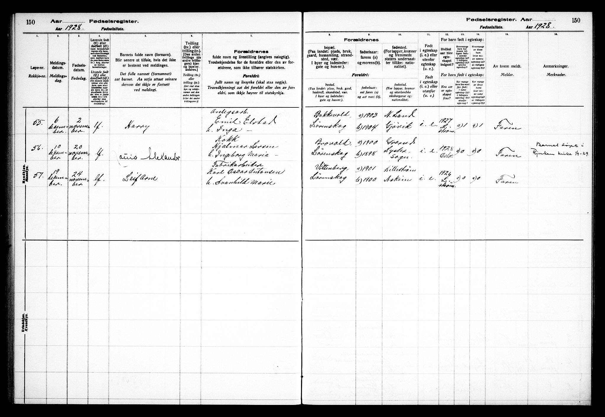 Skedsmo prestekontor Kirkebøker, AV/SAO-A-10033a/J/Jb/L0001: Birth register no. II 1, 1916-1932, p. 150