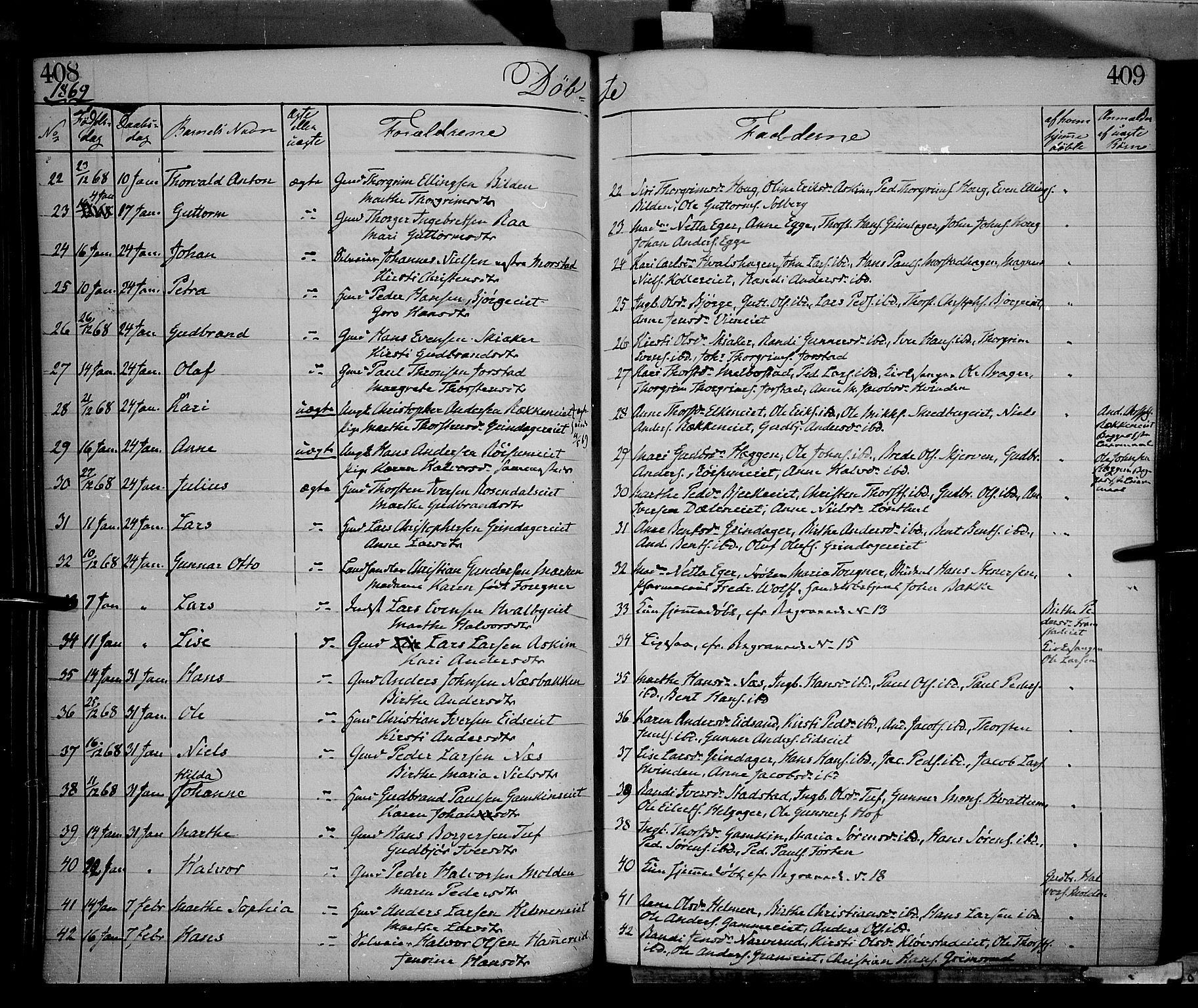 Gran prestekontor, AV/SAH-PREST-112/H/Ha/Haa/L0012: Parish register (official) no. 12, 1856-1874, p. 408-409