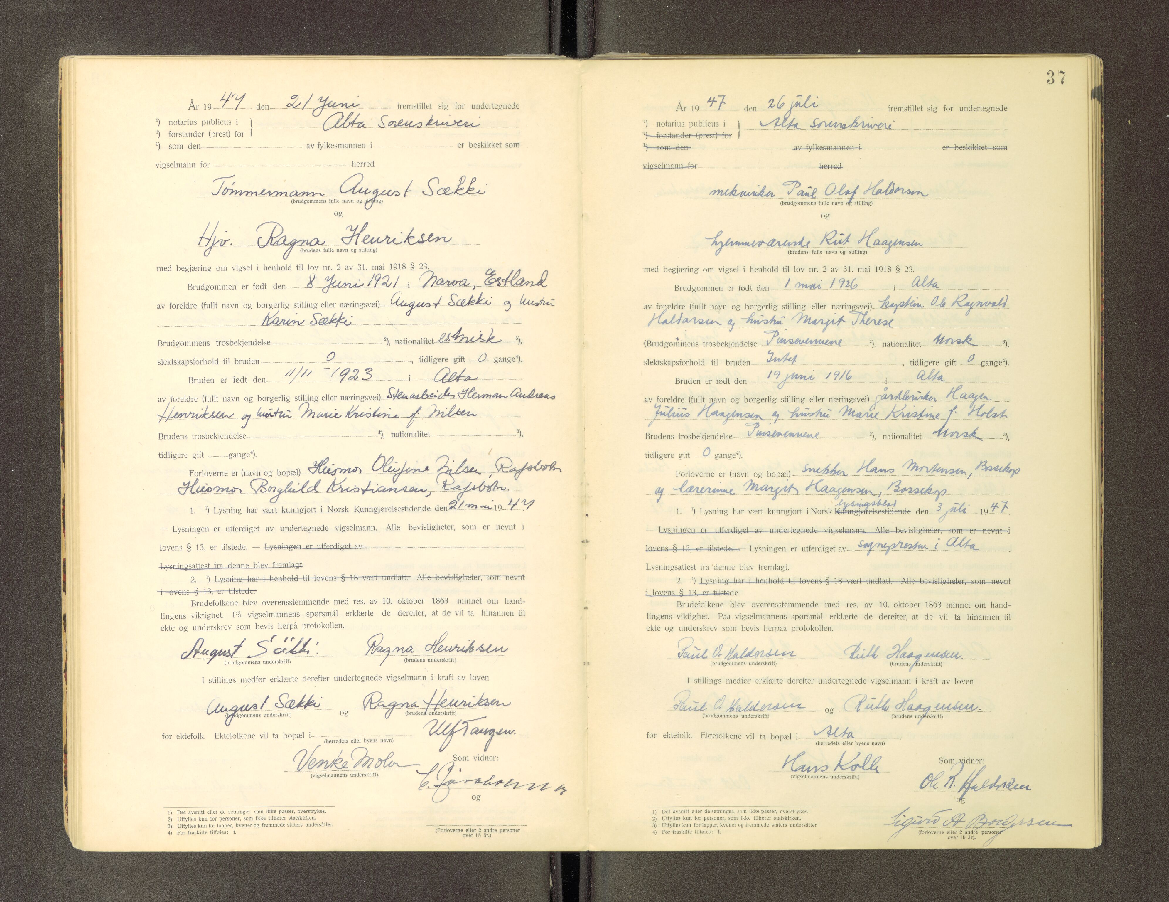 Alta fogderi/sorenskriveri, AV/SATØ-SATØ-5/3/Fd/L0034f: Vigselsprotokoll, 1920-1969, p. 37