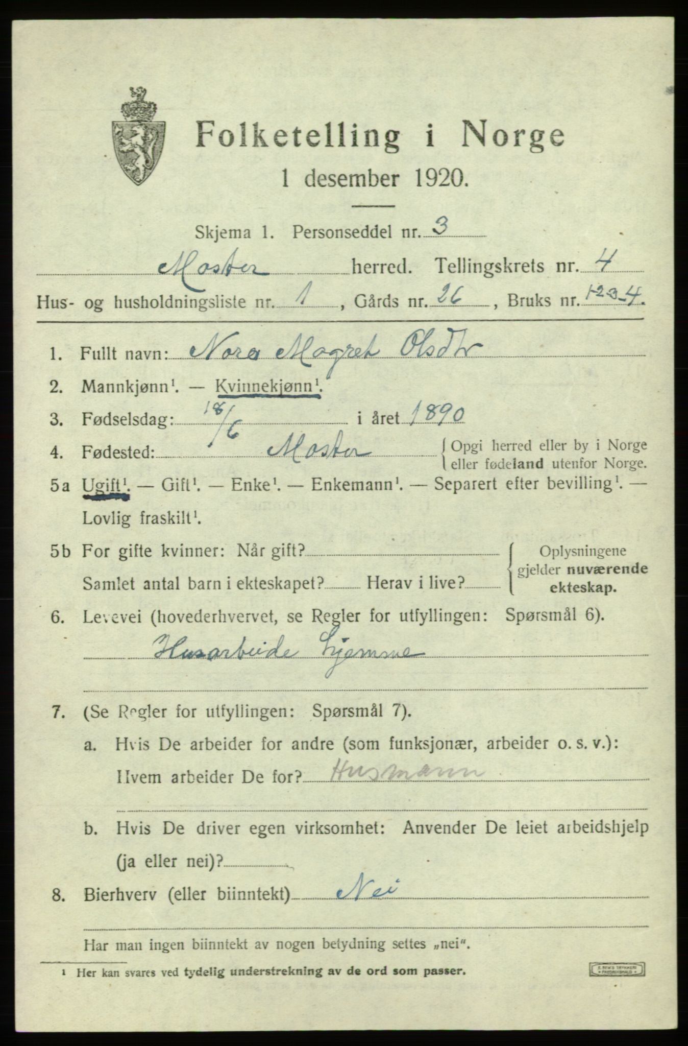 SAB, 1920 census for Moster, 1920, p. 1325