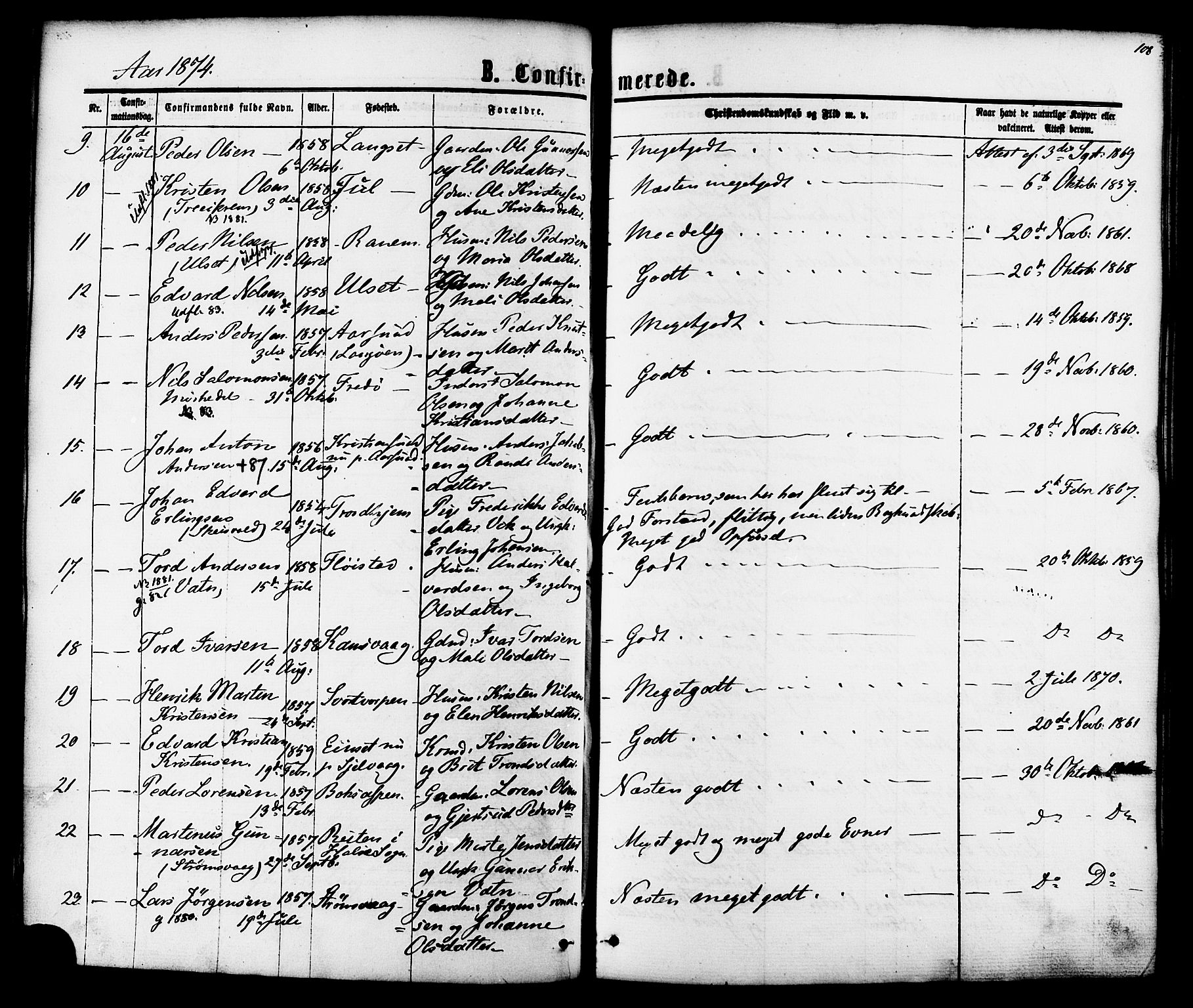 Ministerialprotokoller, klokkerbøker og fødselsregistre - Møre og Romsdal, AV/SAT-A-1454/587/L0999: Parish register (official) no. 587A01, 1864-1886, p. 108