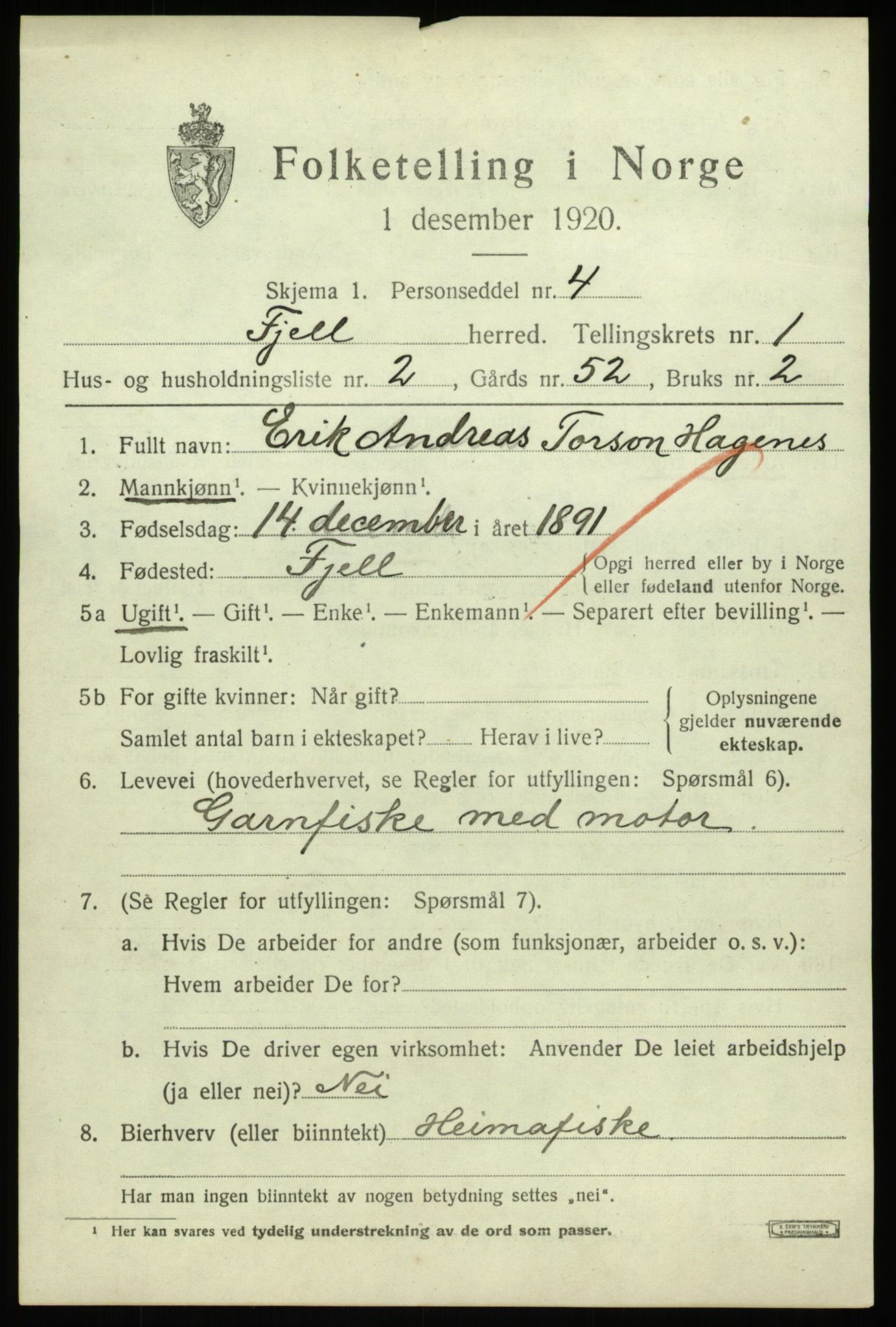 SAB, 1920 census for Fjell, 1920, p. 1478