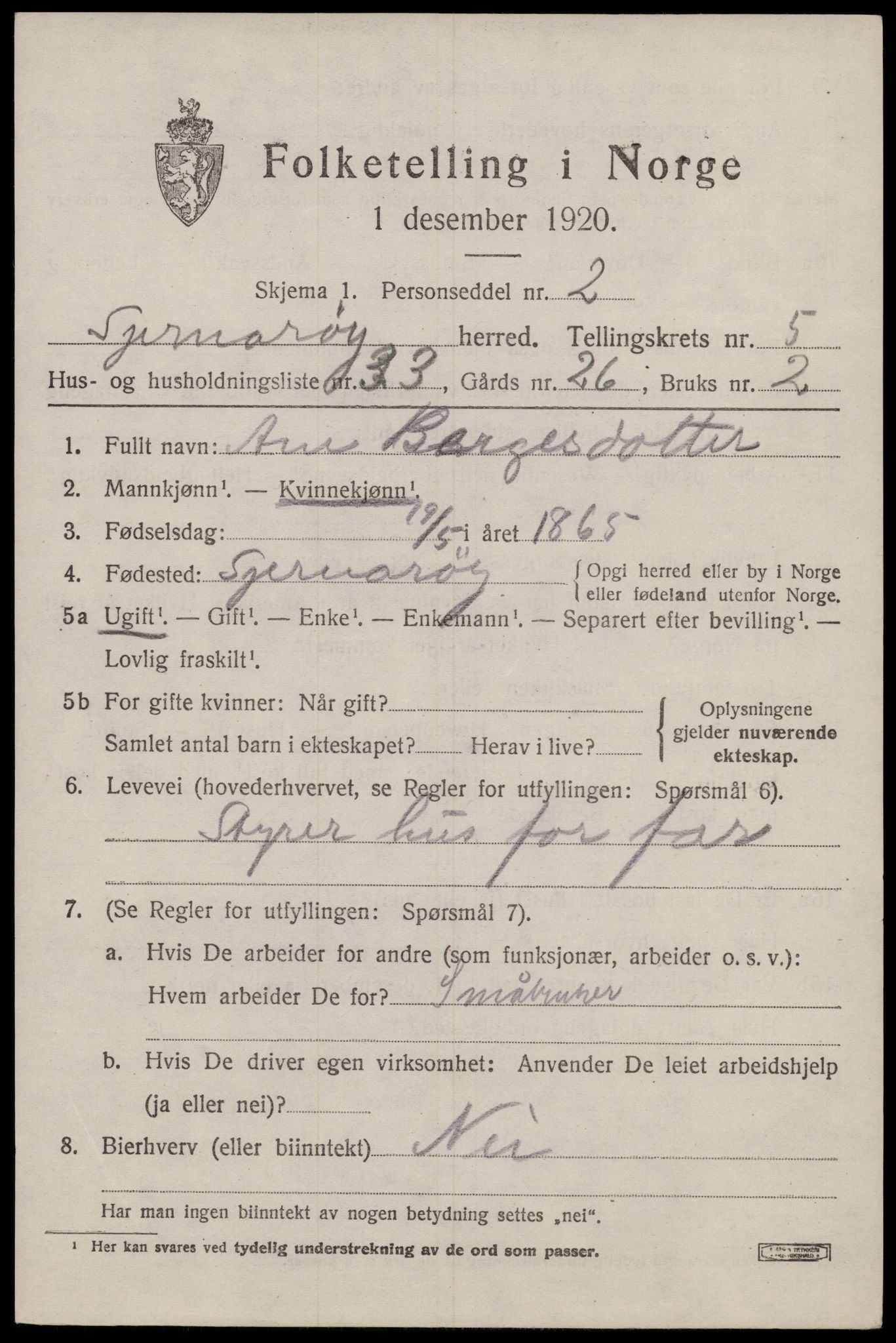 SAST, 1920 census for Sjernarøy, 1920, p. 1540