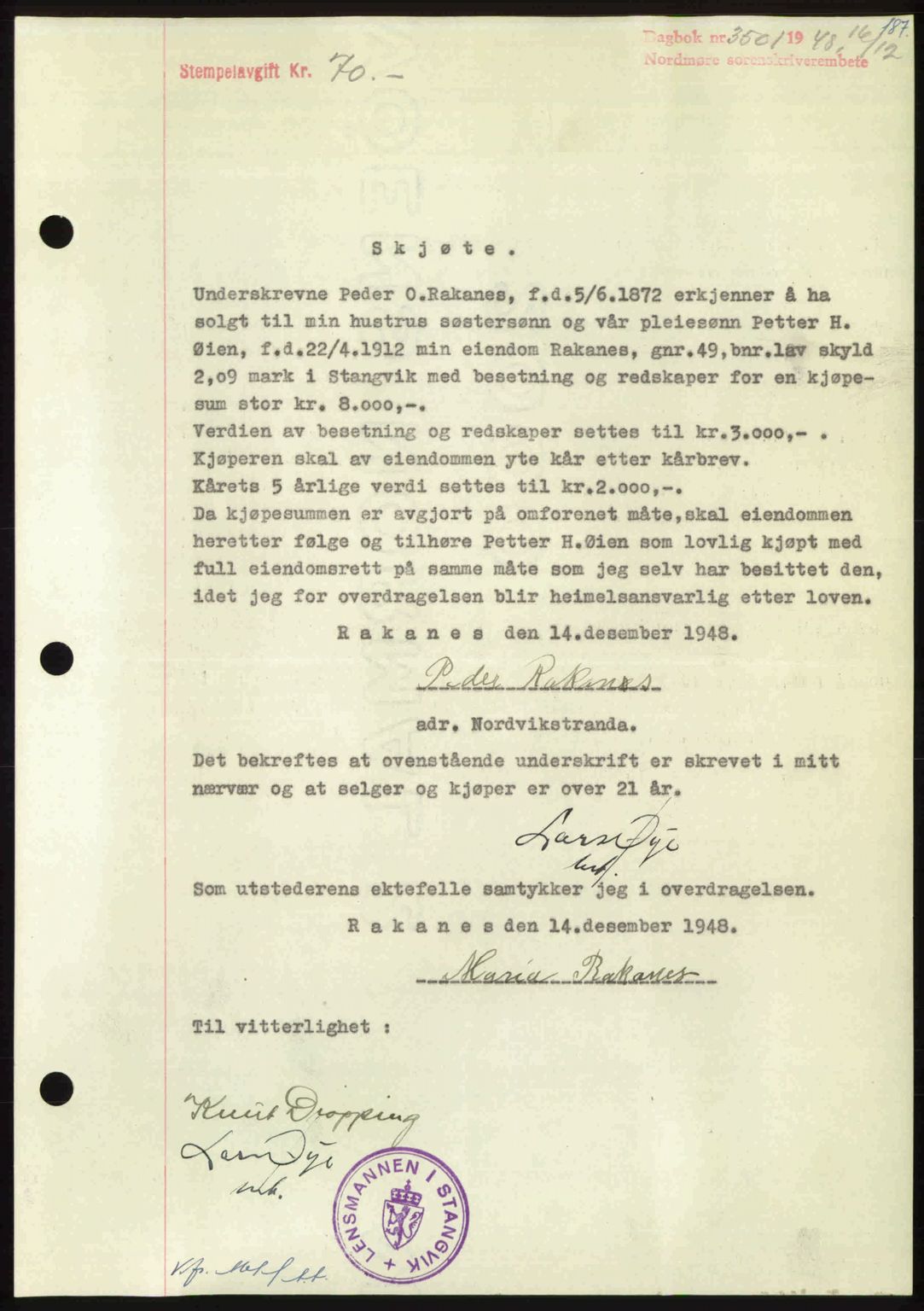 Nordmøre sorenskriveri, AV/SAT-A-4132/1/2/2Ca: Mortgage book no. A110, 1948-1949, Diary no: : 3501/1948