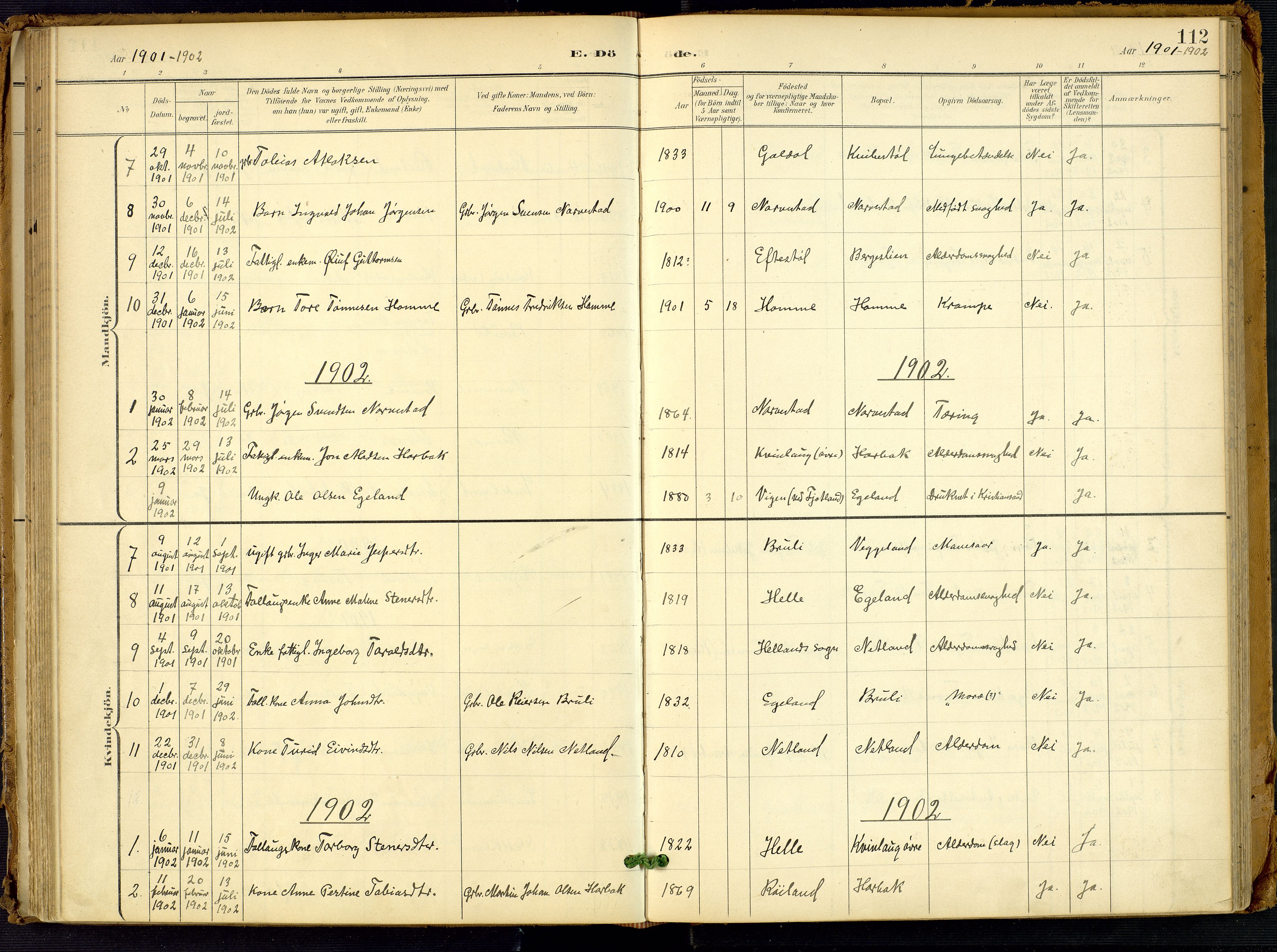 Fjotland sokneprestkontor, SAK/1111-0010/F/Fa/L0003: Parish register (official) no. A 3, 1899-1917, p. 112