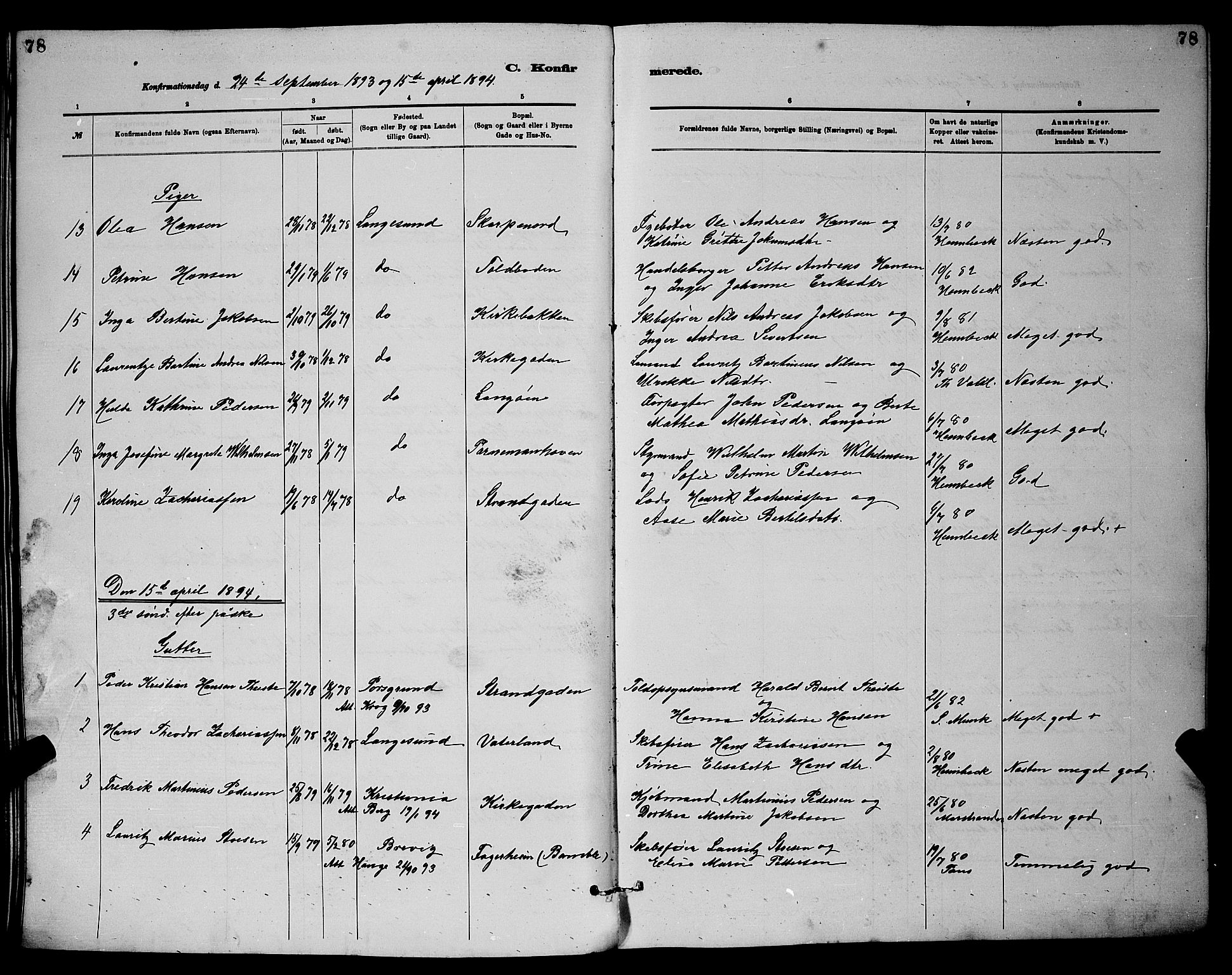 Langesund kirkebøker, SAKO/A-280/G/Ga/L0005: Parish register (copy) no. 5, 1884-1898, p. 78