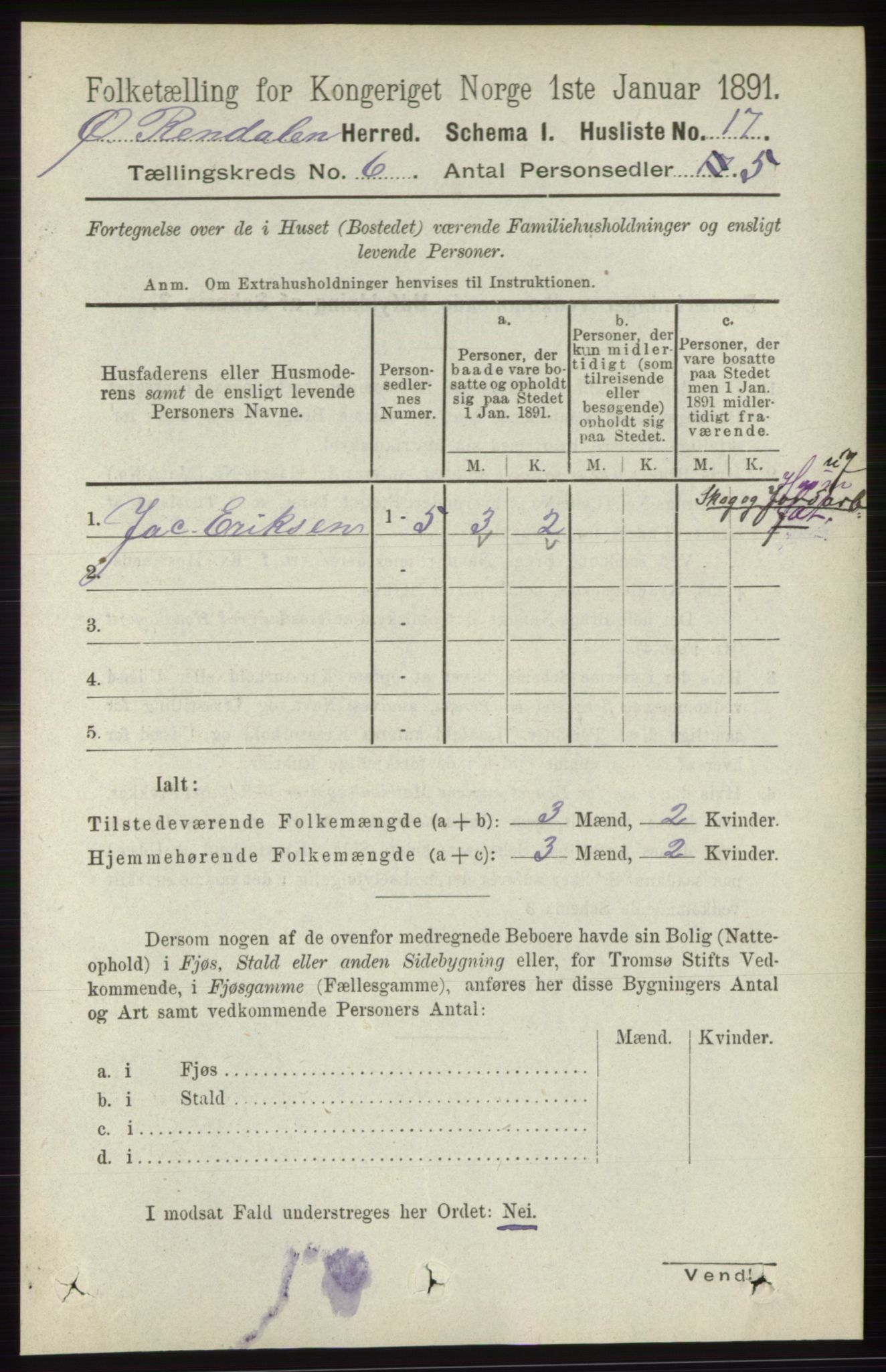 RA, 1891 census for 0433 Øvre Rendal, 1891, p. 1589