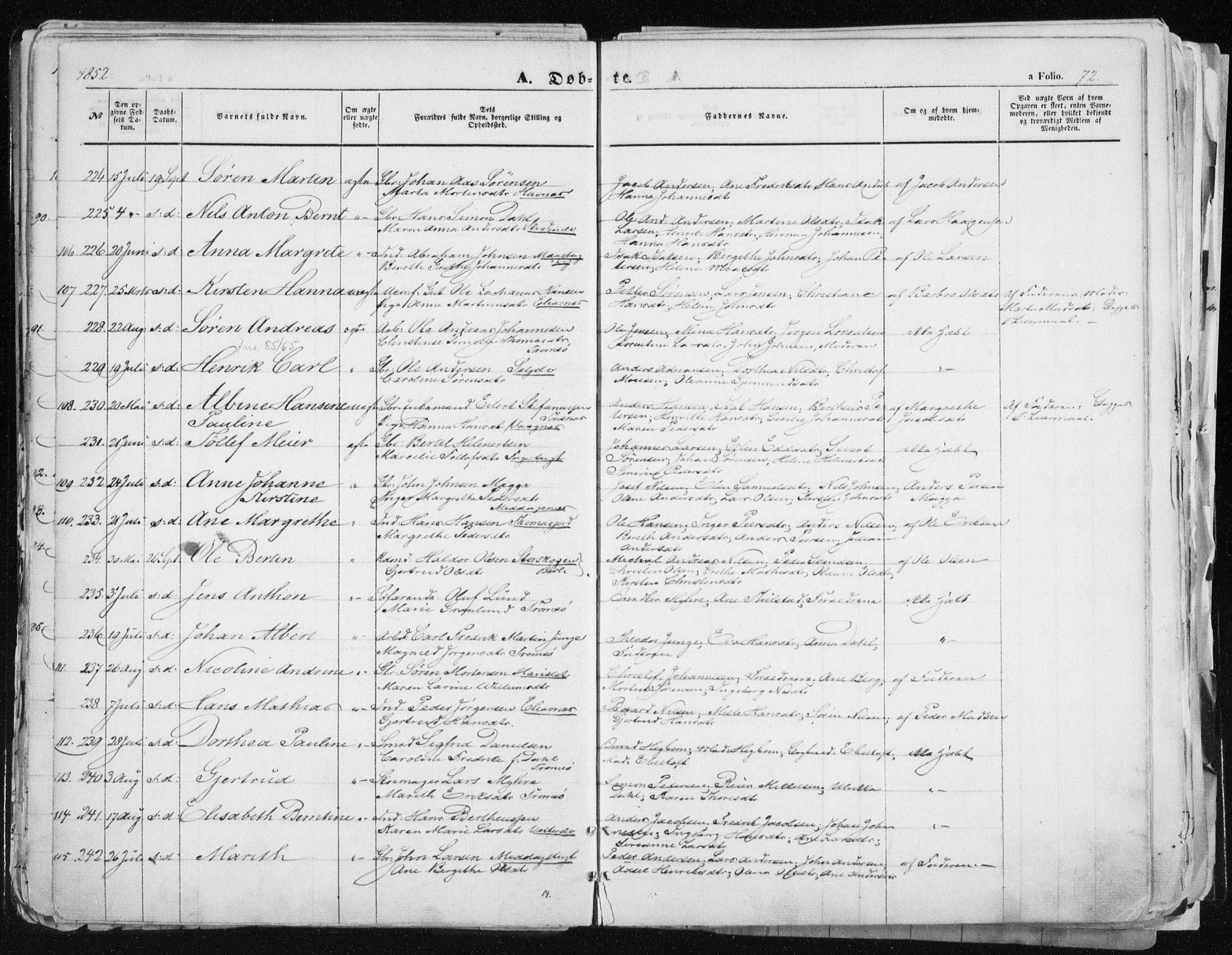 Tromsø sokneprestkontor/stiftsprosti/domprosti, SATØ/S-1343/G/Ga/L0010kirke: Parish register (official) no. 10, 1848-1855, p. 72