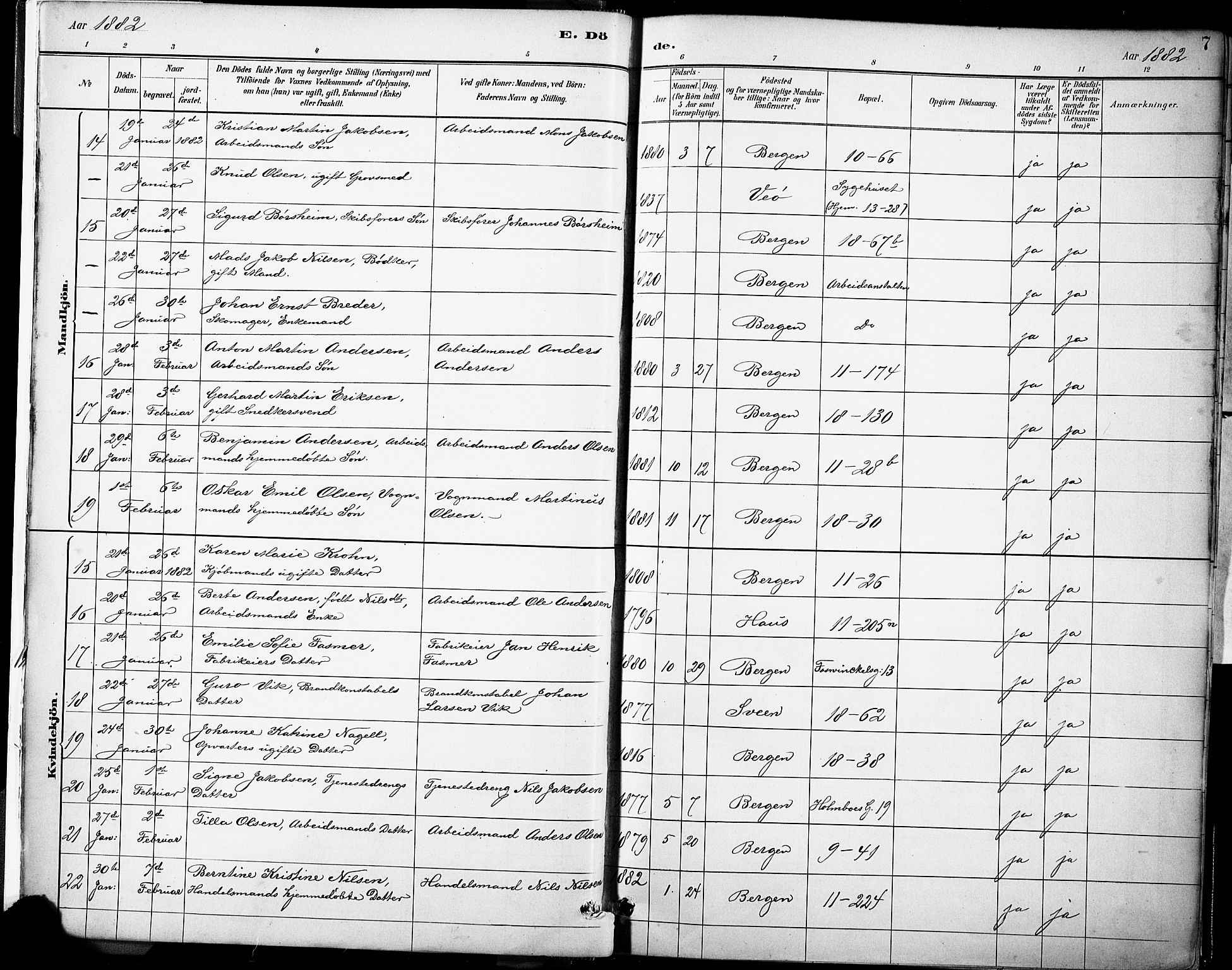Domkirken sokneprestembete, AV/SAB-A-74801/H/Haa/L0043: Parish register (official) no. E 5, 1882-1904, p. 7