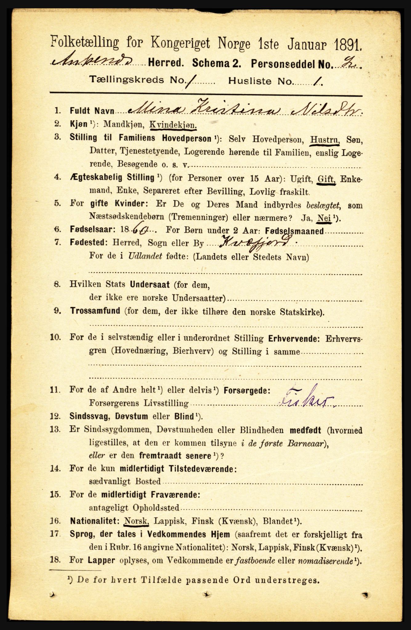 RA, 1891 census for 1855 Ankenes, 1891, p. 108