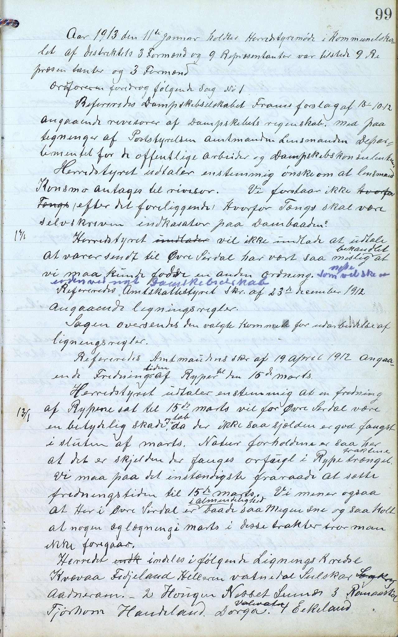 Øvre Sirdal kommune - Formannskapet/Kommunestyret, ARKSOR/1046ØS120/A/L0001: Møtebok (d), 1905-1917, p. 99
