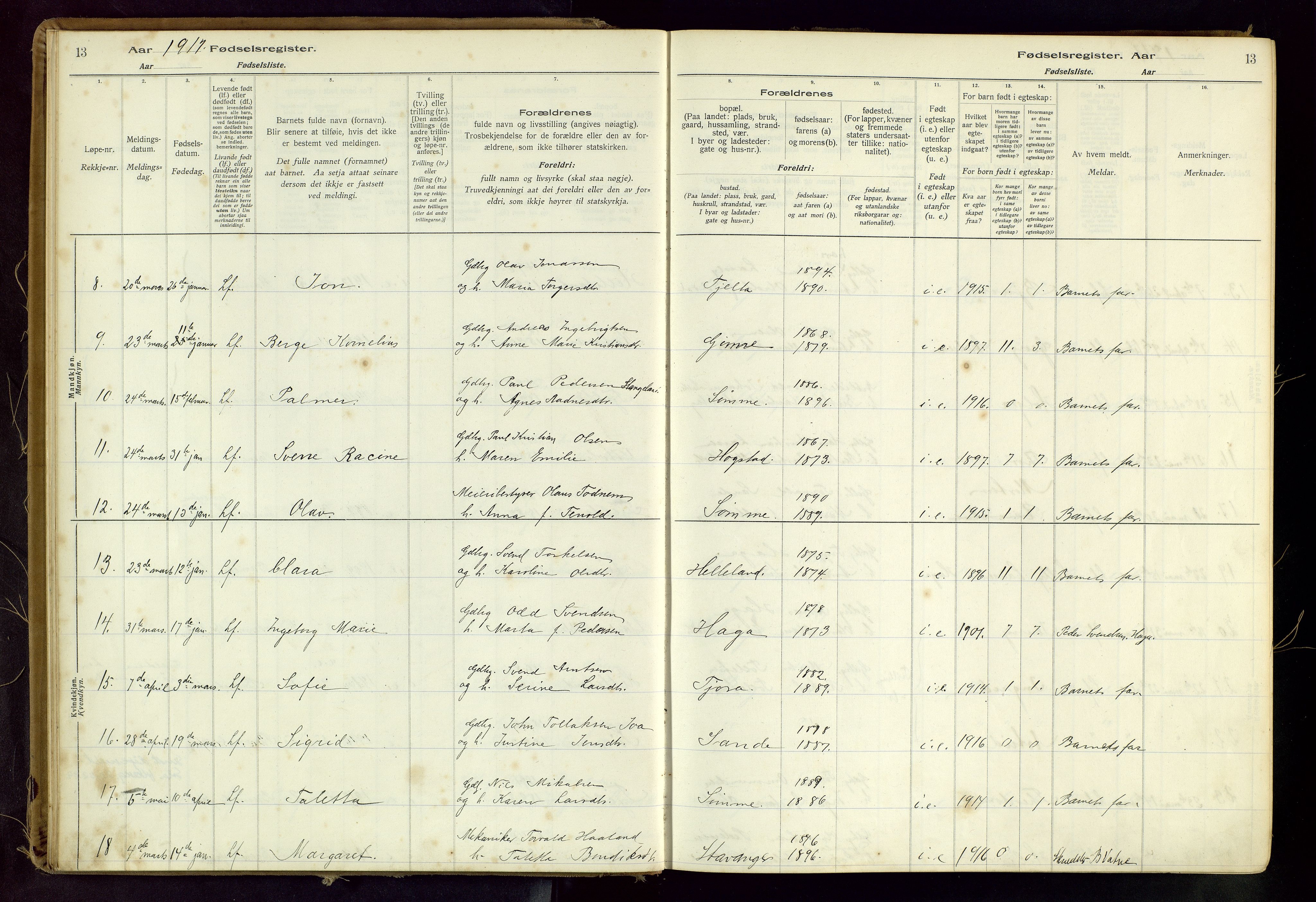 Håland sokneprestkontor, AV/SAST-A-101802/001/704BA/L0001: Birth register no. 1, 1916-1936, p. 13