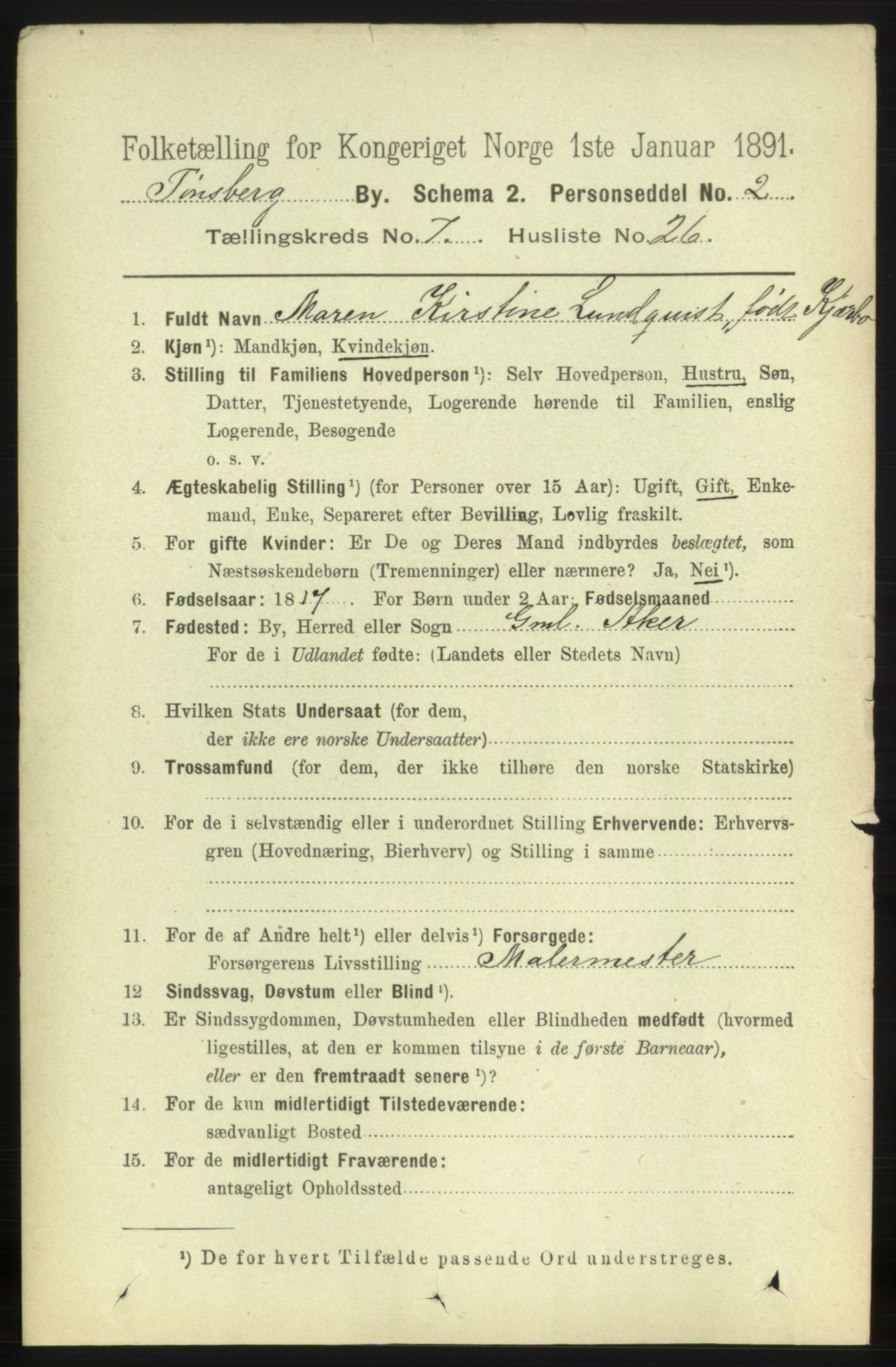 RA, 1891 census for 0705 Tønsberg, 1891, p. 3043