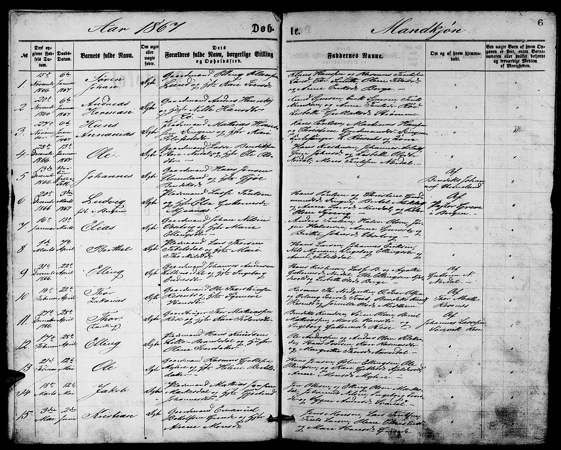 Gulen sokneprestembete, SAB/A-80201/H/Hab/Habb/L0002: Parish register (copy) no. B 2, 1867-1883, p. 6