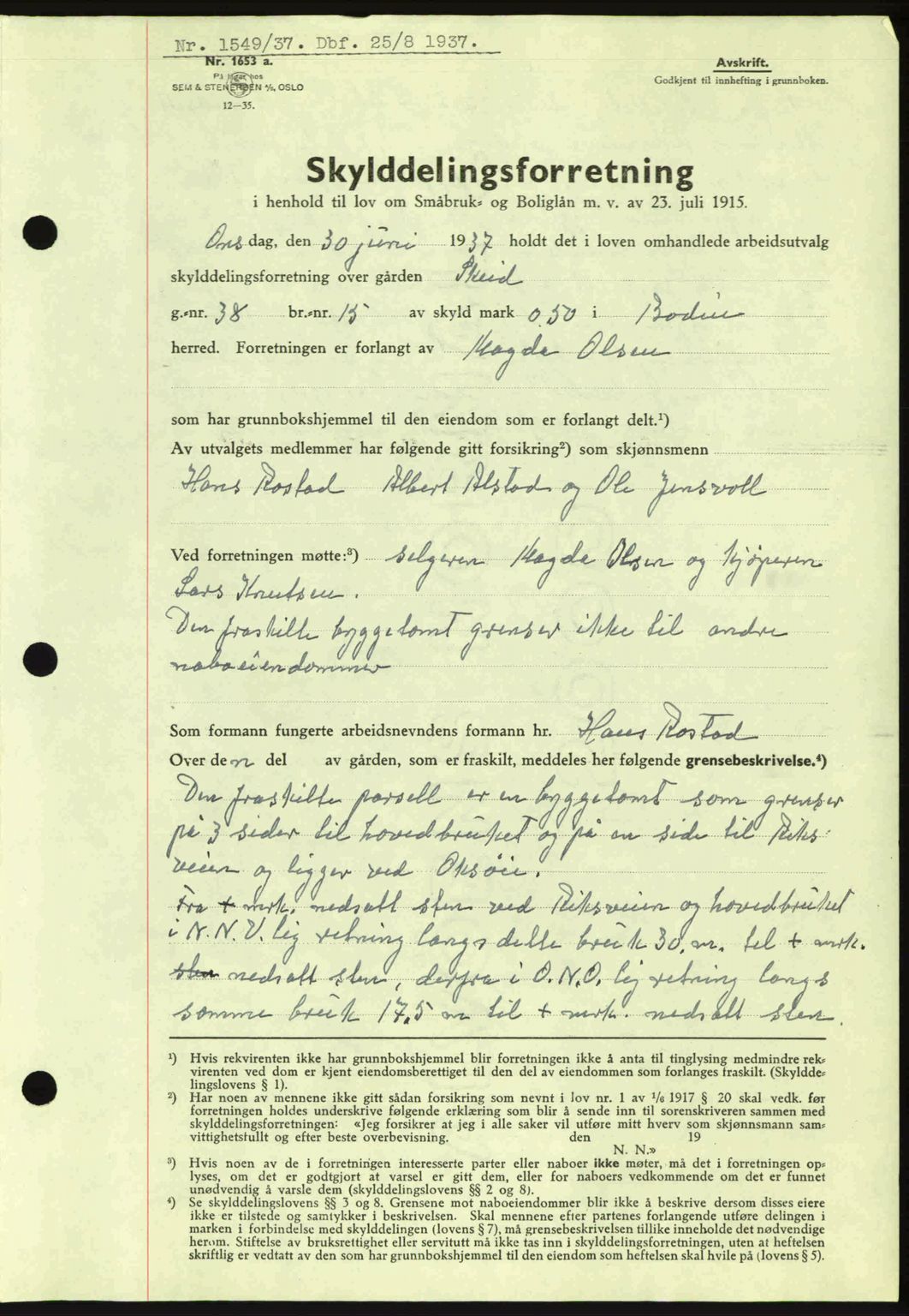 Salten sorenskriveri, AV/SAT-A-4578/1/2/2C: Mortgage book no. A1-4, 1936-1938, Diary no: : 1549/1937