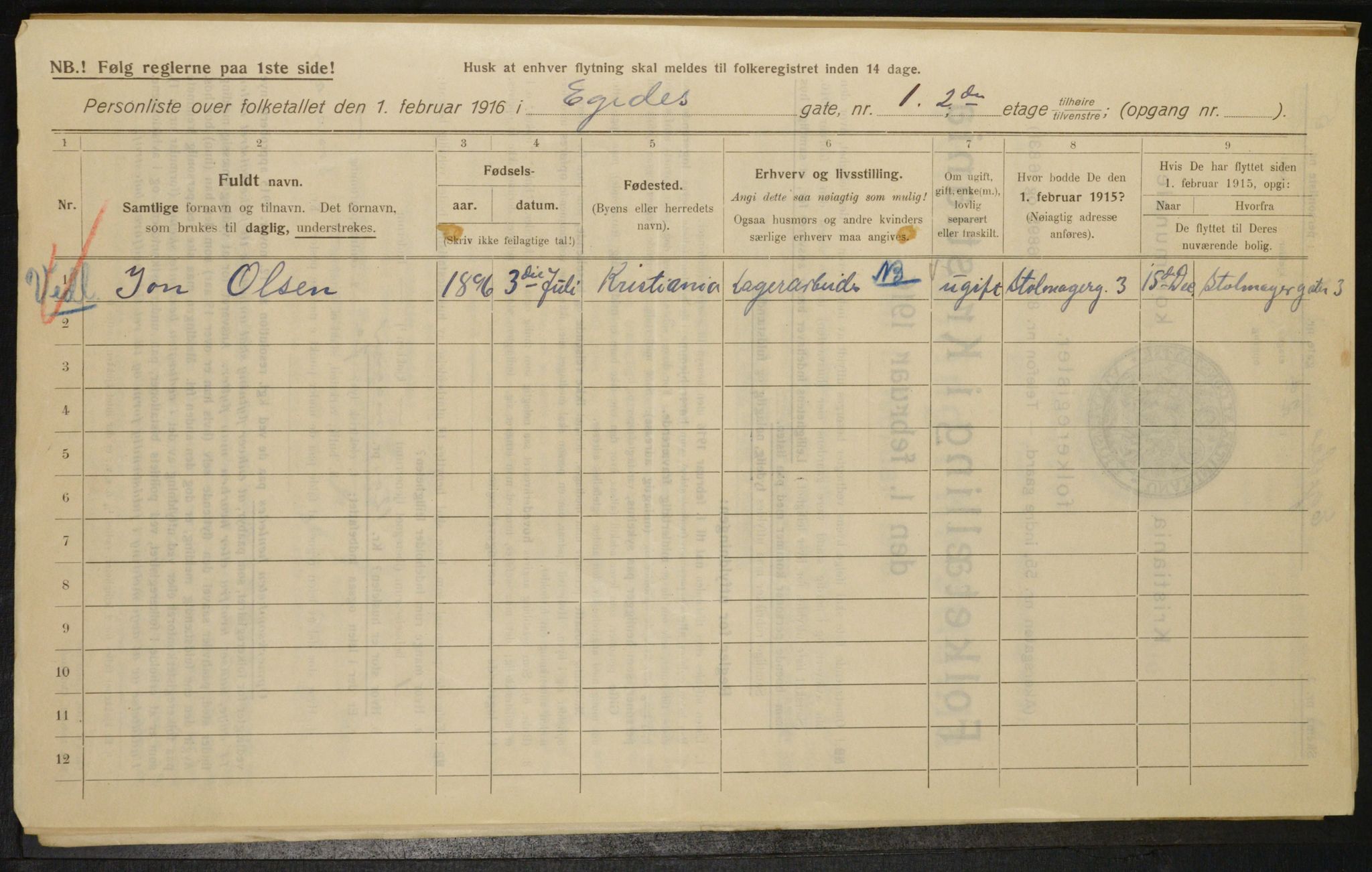 OBA, Municipal Census 1916 for Kristiania, 1916, p. 18948