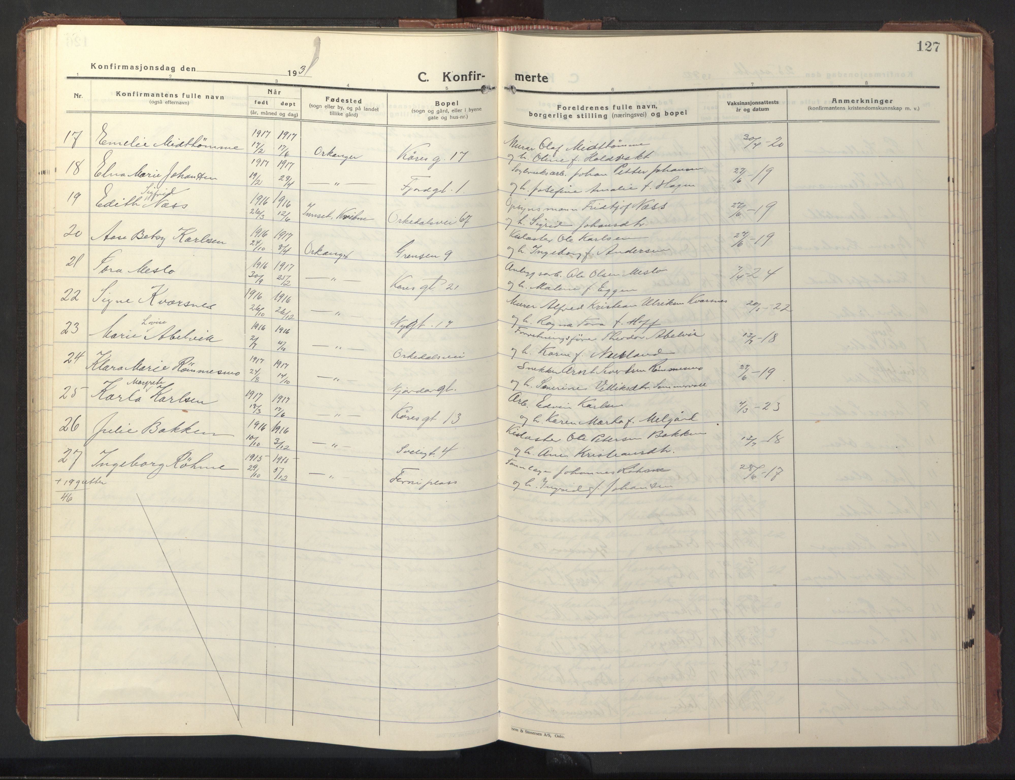 Ministerialprotokoller, klokkerbøker og fødselsregistre - Sør-Trøndelag, SAT/A-1456/669/L0832: Parish register (copy) no. 669C02, 1925-1953, p. 127