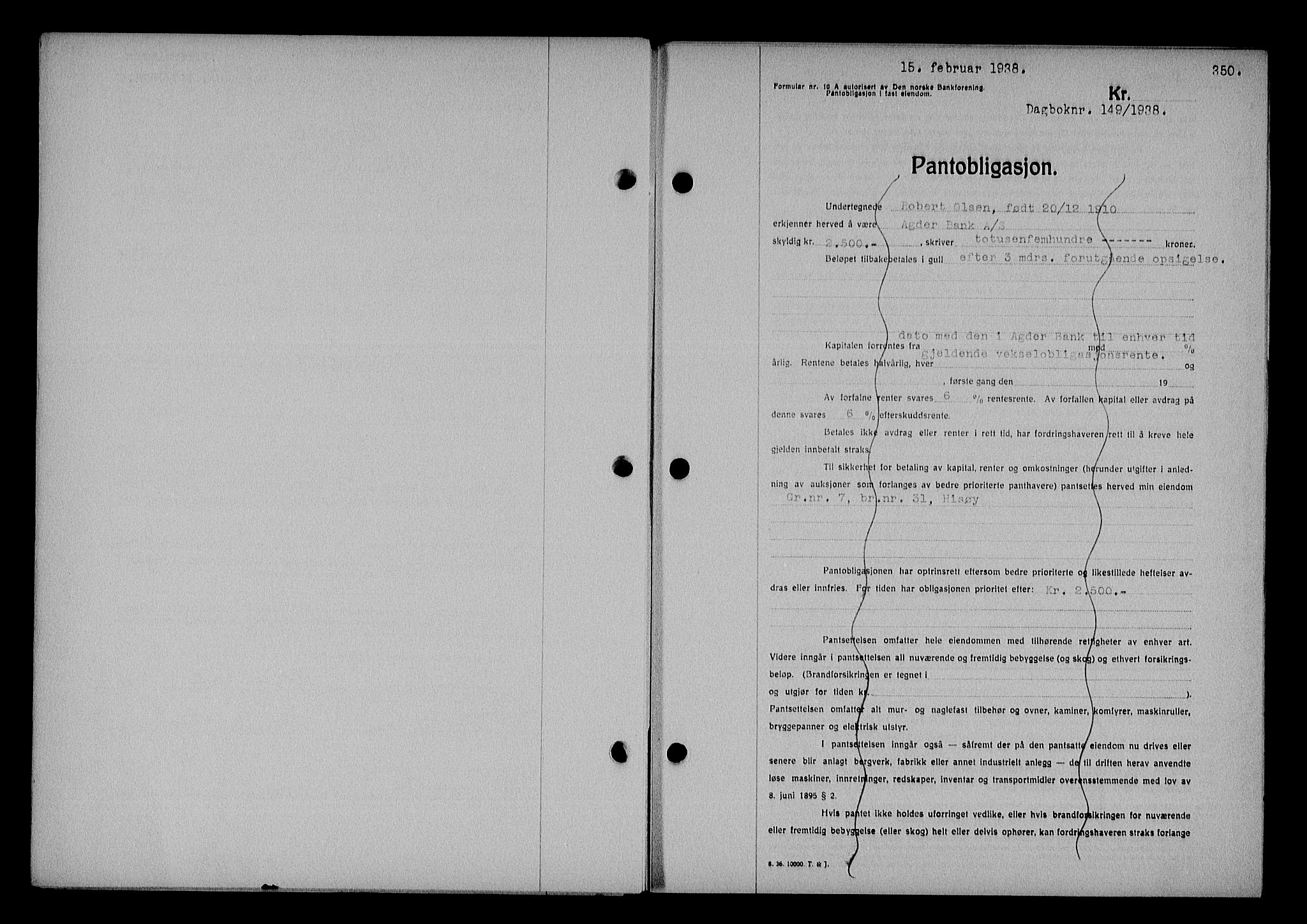 Nedenes sorenskriveri, AV/SAK-1221-0006/G/Gb/Gba/L0044: Mortgage book no. 40, 1937-1938, Diary no: : 149/1938