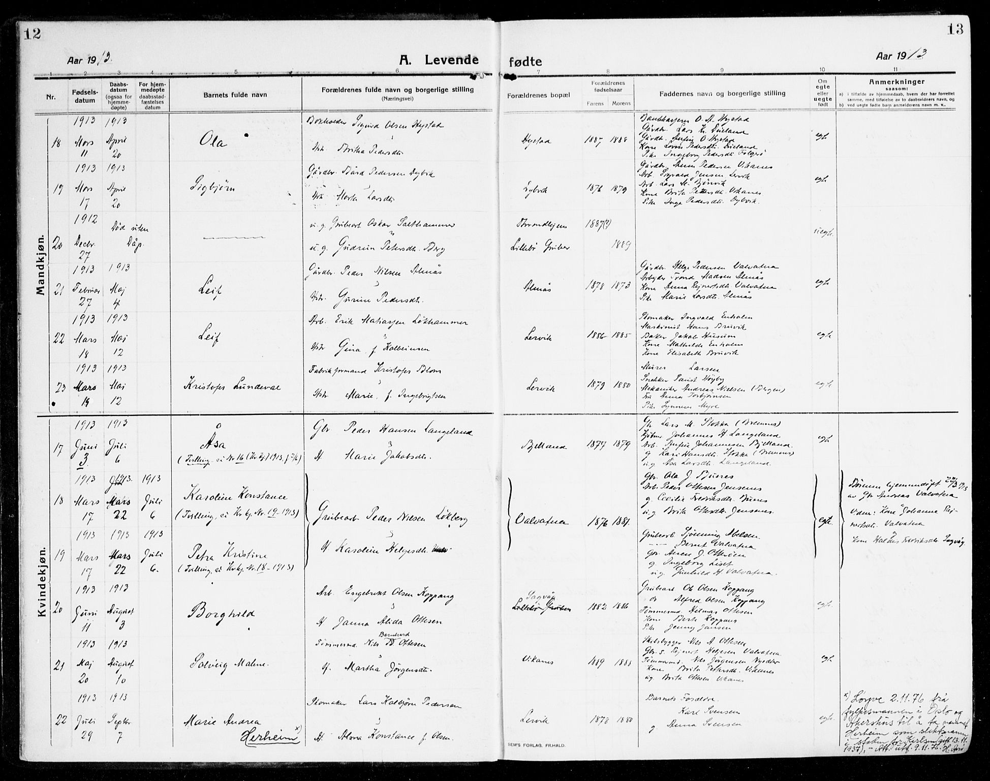 Stord sokneprestembete, AV/SAB-A-78201/H/Haa: Parish register (official) no. B 3, 1913-1925, p. 12-13