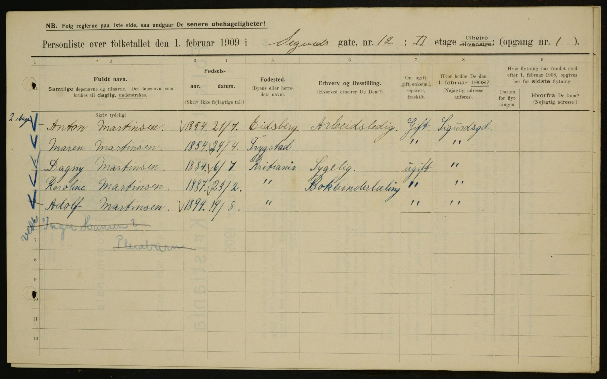 OBA, Municipal Census 1909 for Kristiania, 1909, p. 86303